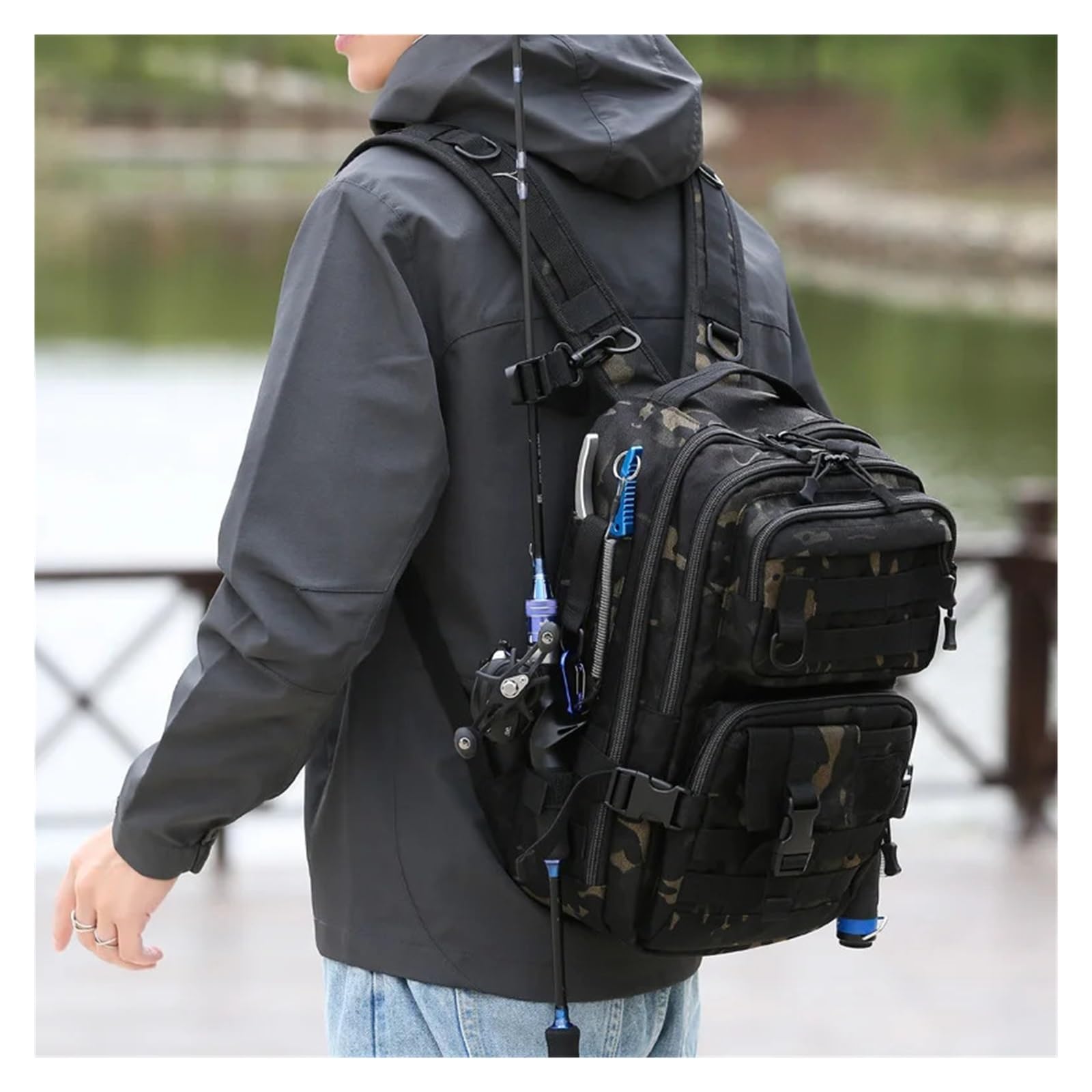 Mochila de Pesca Mochila de Pesca Impermeable Nailon, Bolsa Almacenamiento for Aparejos, Bandolera Doble for al Aire Libre, Caza y Senderismo(Color 02)