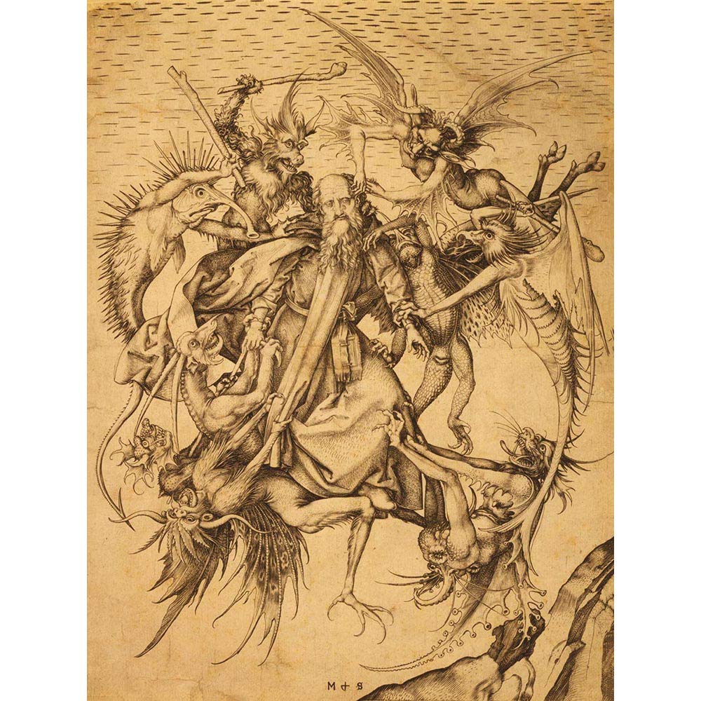 Wee Blue Coo Paintings Drawing Schongauer Anthony Temptation Demon Saint Art Print Poster Wall Decor 12X16 Inch
