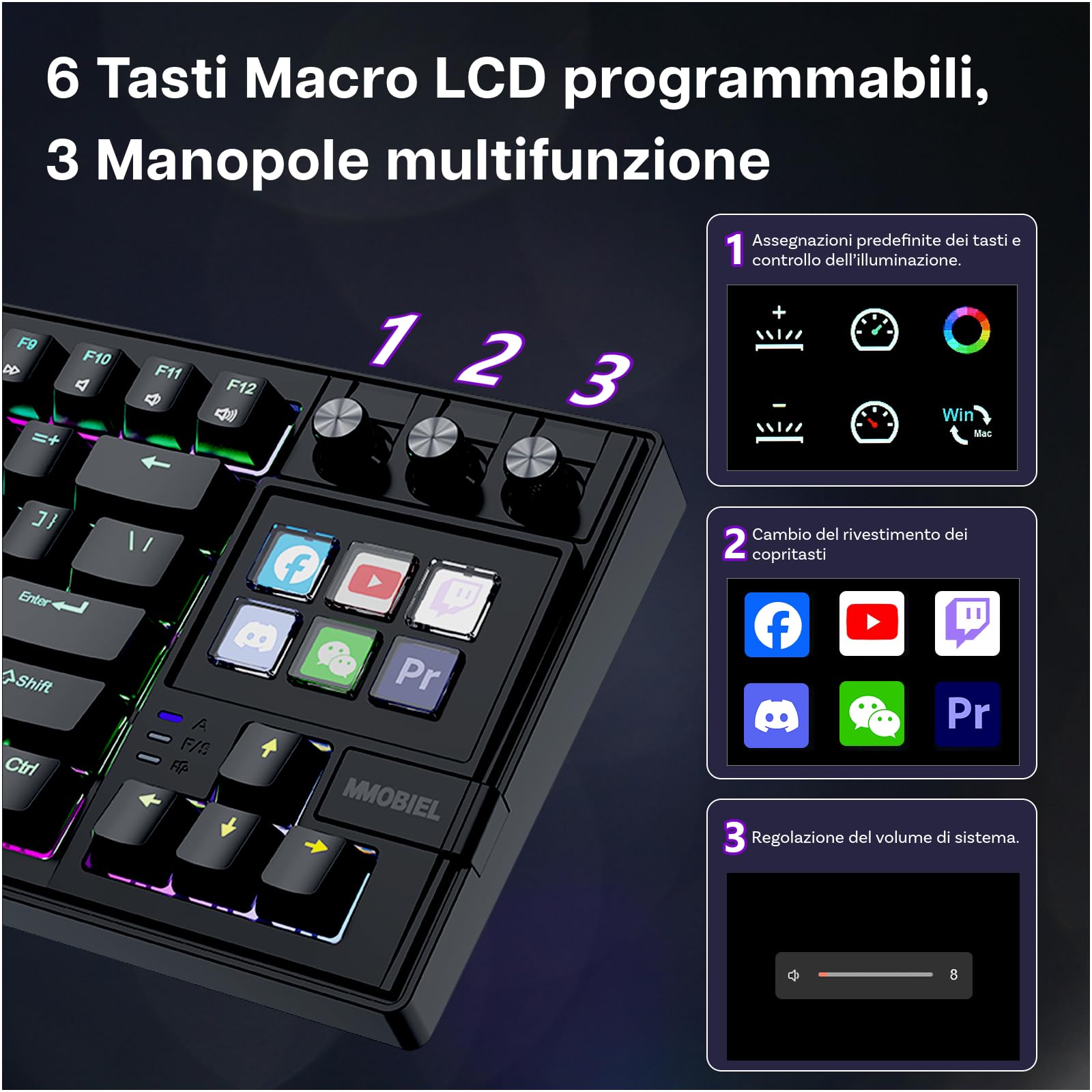 MMOBIEL Tastiera Meccanica per Stream Deck Tastiera QWERTY Hot-Swappable con Retroilluminazione RGB, 6 Tasti Macro LCD Programmabili e 3 Manopole per OBS, Streaming, Editing – per Windows/macOS