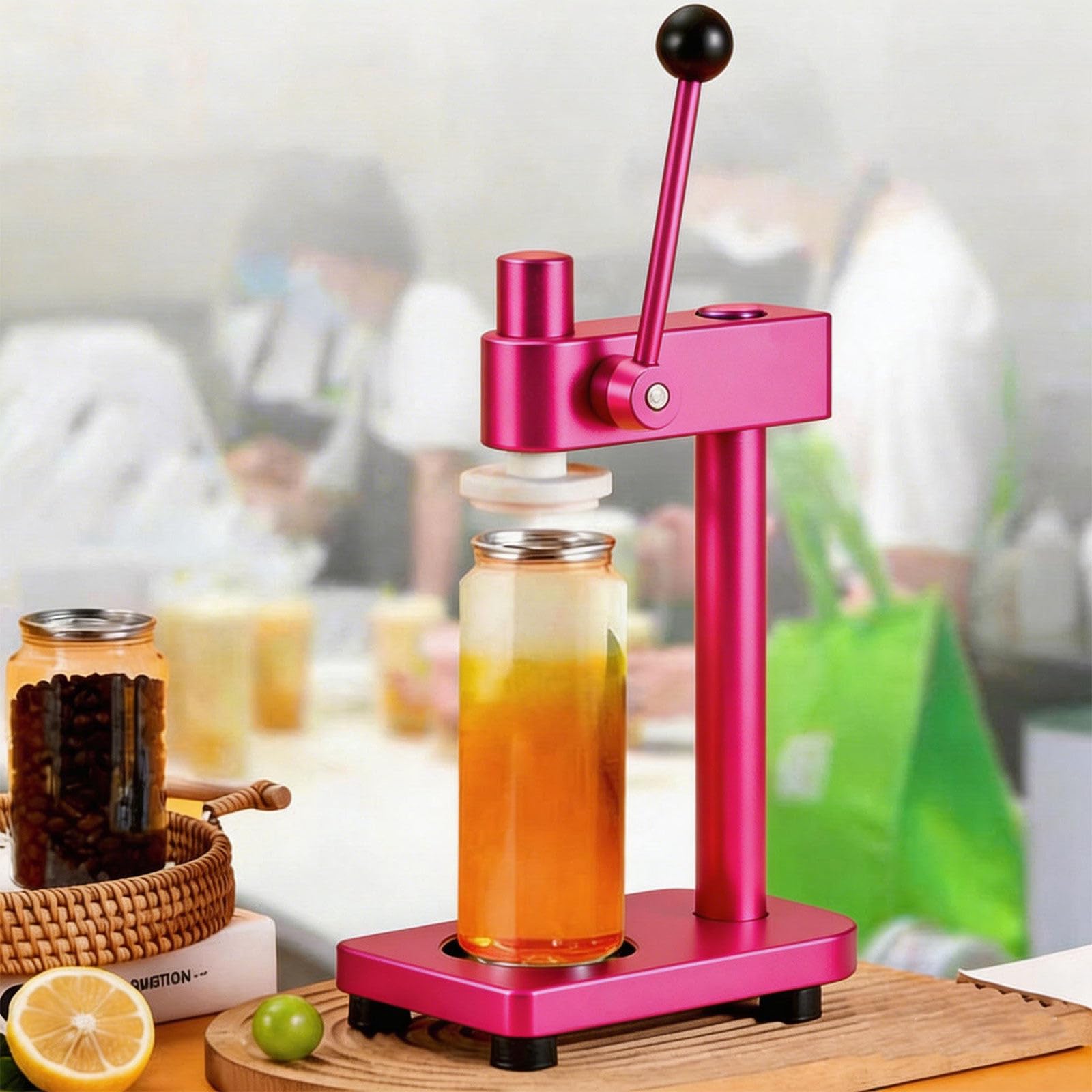 Tragbarer manueller Dosenverschließer mit Skala, 250-700ml, Keine Zusatzteile. Einfacher Druck für leckdichten Verschluss, leise & kompakt, rostfreier Aufbau. Pink
