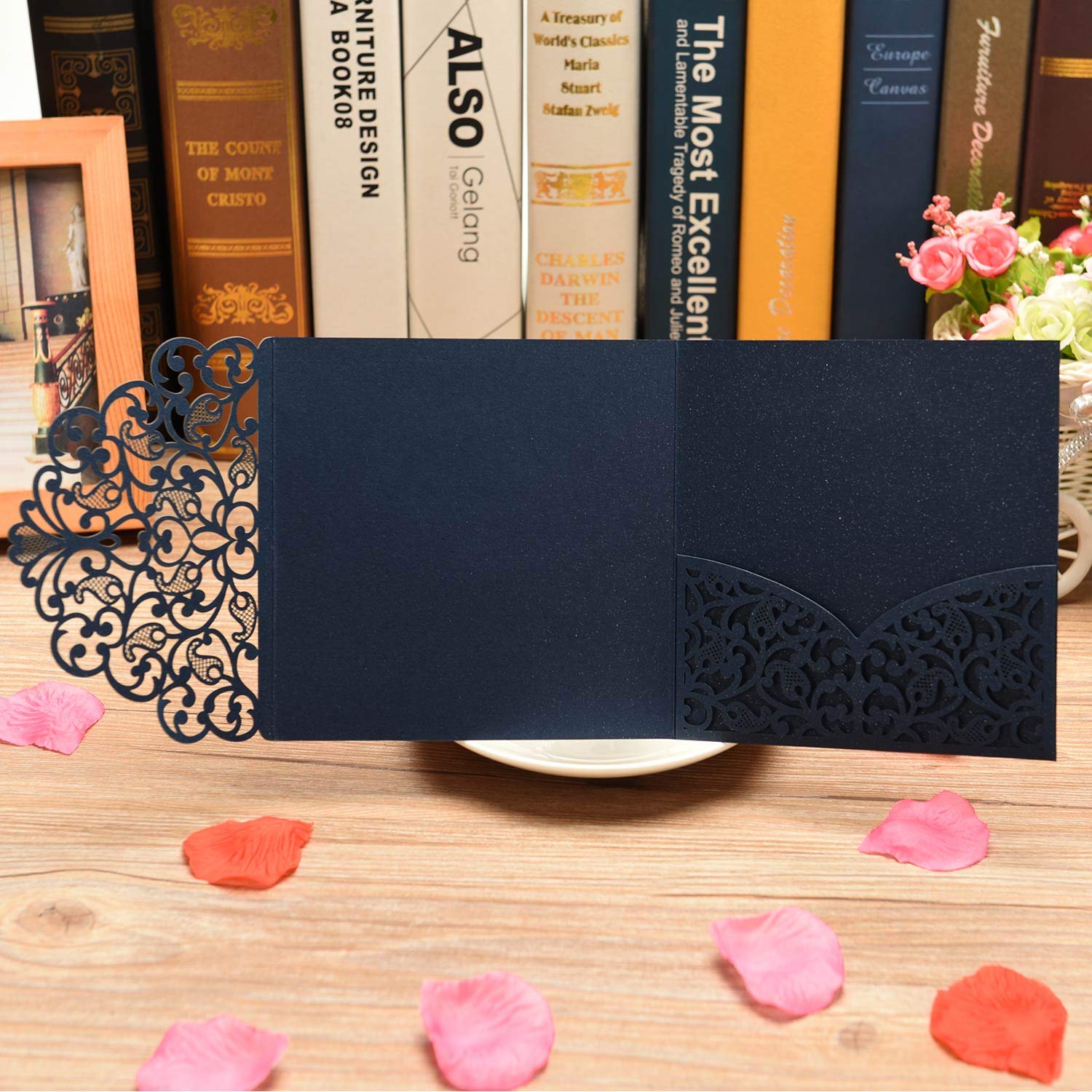 CYSKY Hochzeitseinladungskarte 40 Stücke laser geschnittenes Hochzeitseinladungskit mit leerem bedruckbarem Papier und Umschlägen für Hochzeit, Geburtstag, Jubiläum (Blau)
