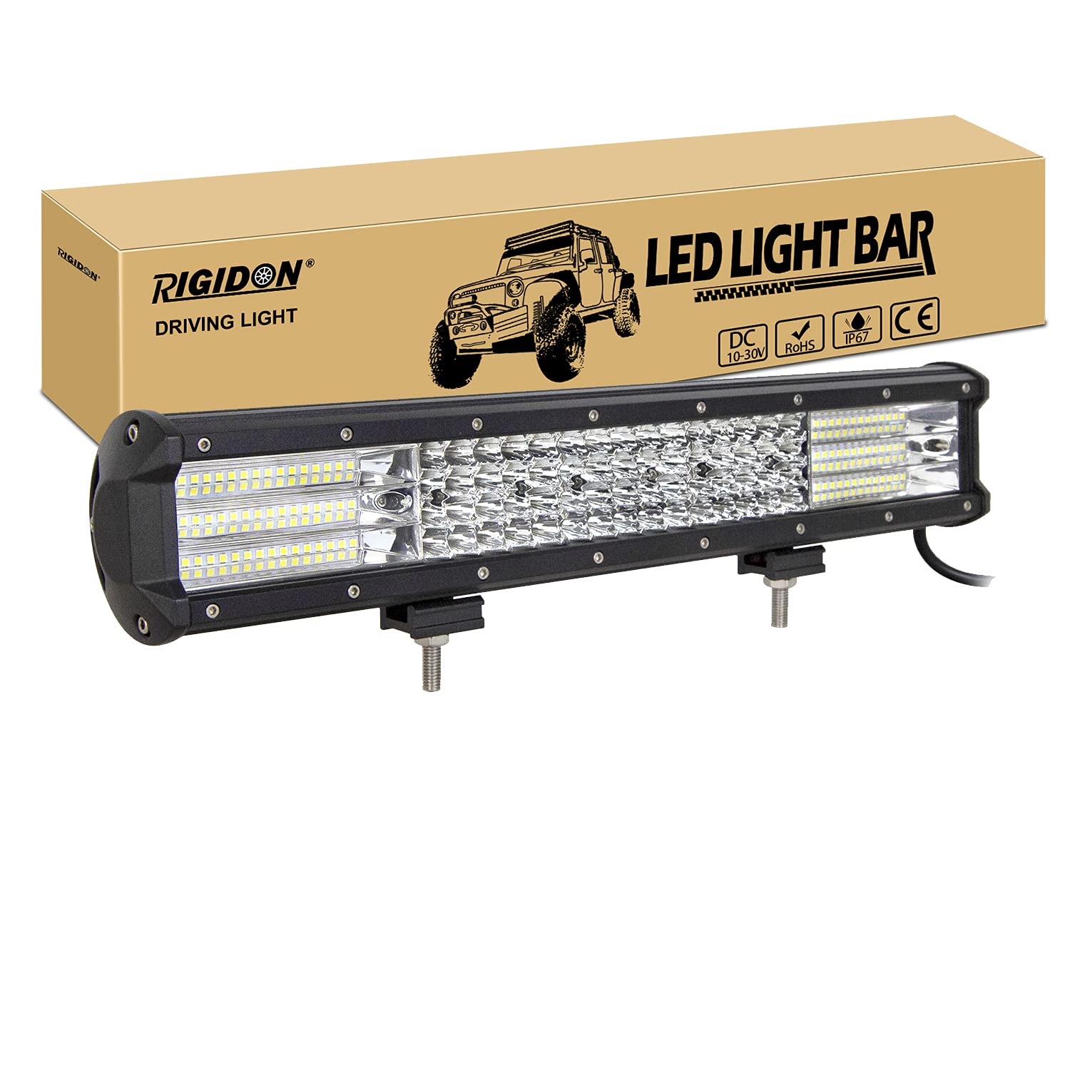 RIGIDON Listwa oświetleniowa LED do samochodu, 450 W, 9D Quad Row 12 V 24 V do samochodów terenowych ciężarówek SUV UTE ATV 4 x 4 ciągników koparka oświetlenie punktowe powodziowe, wodoodporna lampa robocza, 6000 K biała