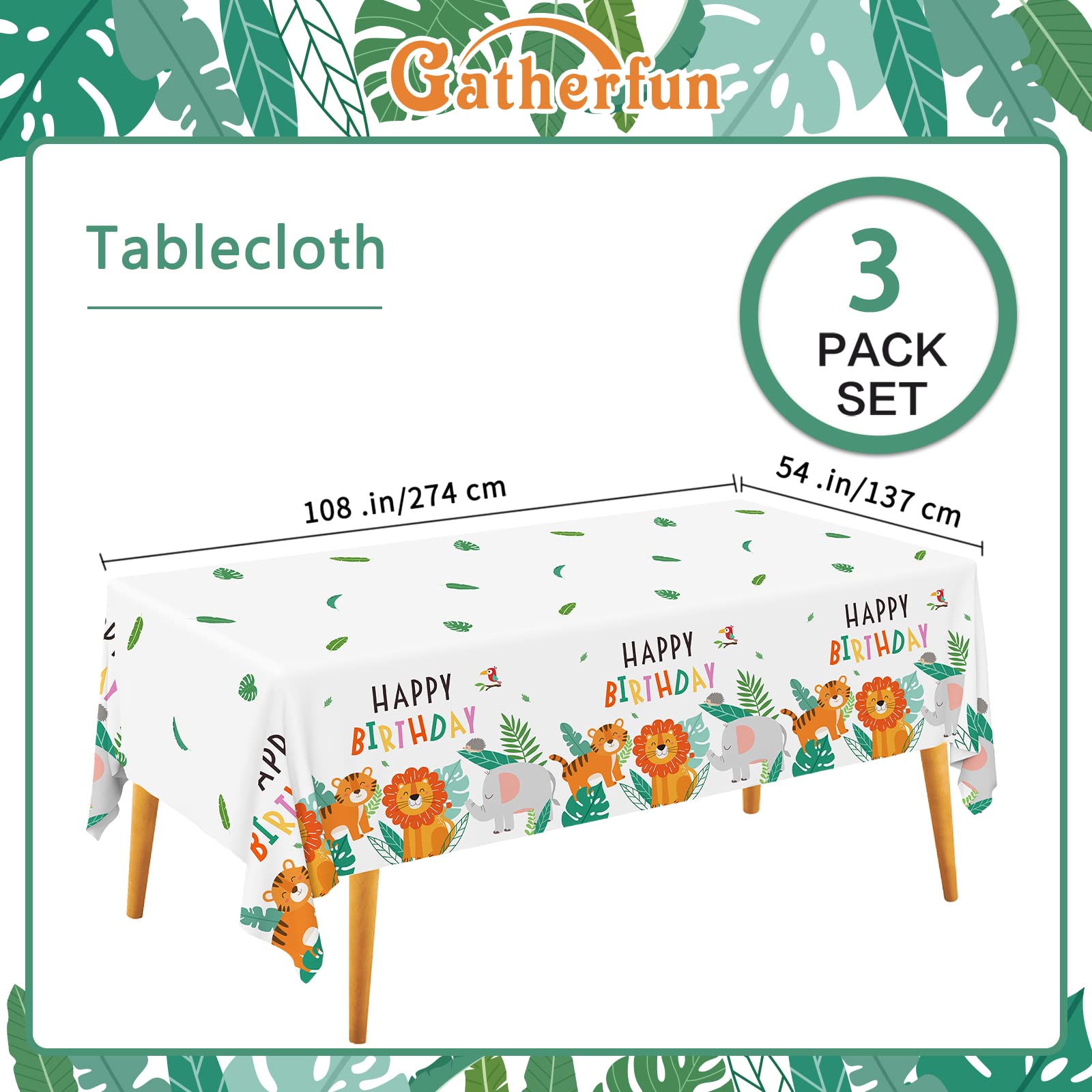 Mantel desechable de plástico Impermeable para Fiestas temáticas de Safari, decoración de Fiesta de cumpleaños, Paquete de 3, 54 x 108 Pulgadas