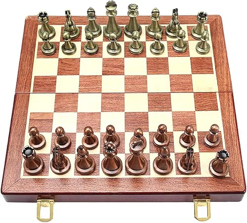 Miniatura 2 de Juego de ajedrez de metal grande de lujo retro chapado en cobre para adultos, juego de mesa, caja de madera portátil, plegable, juego de ajedrez