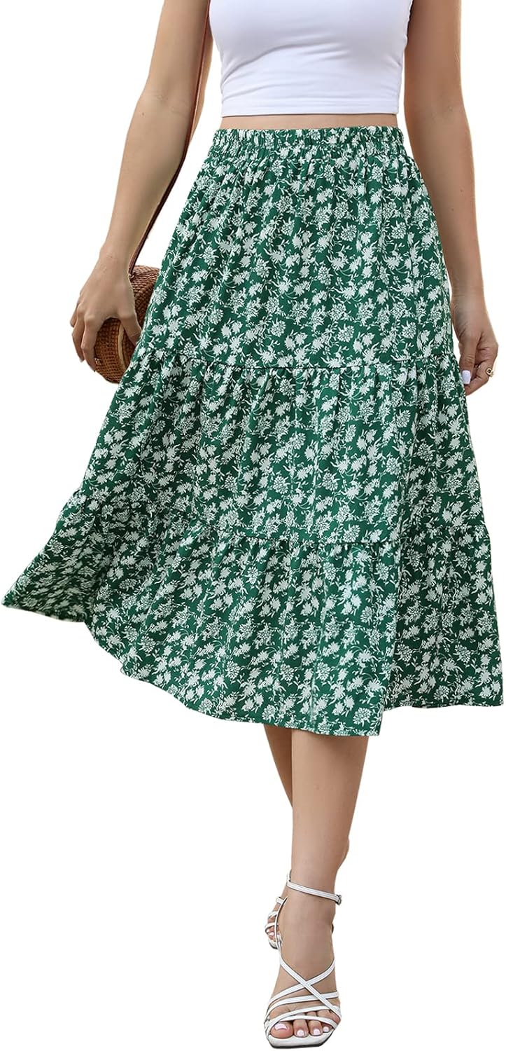 Lyrur Women's Floral Midi Skirt with Pockets High Elastic Waist Flowy Ruffle Casual Summer Boho Aline Skirts