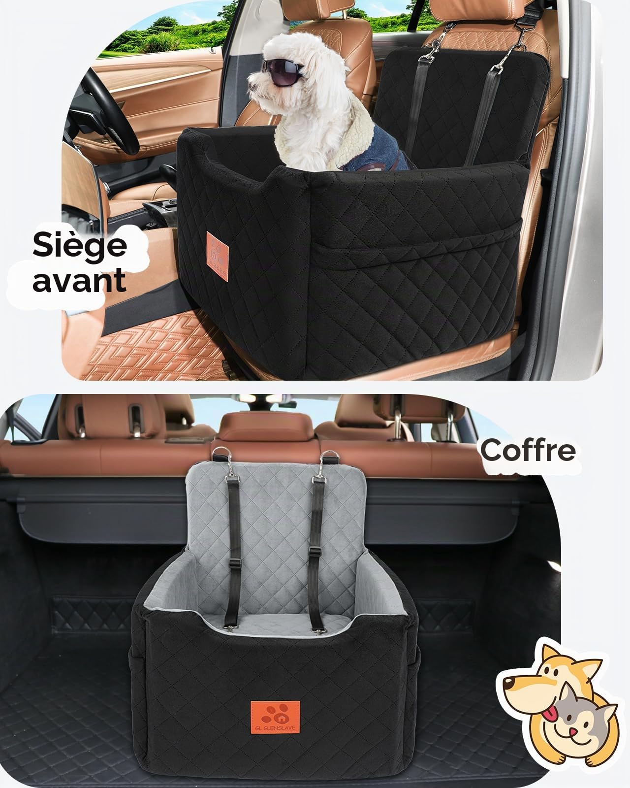GL GLENSLAVE Siège auto pour chiens de petite et moyenne taille de moins de 15,9 kg, siège rehausseur en mousse à mémoire de forme, amovible et lavable, lit pour chien avec 2 ceintures de sécurité