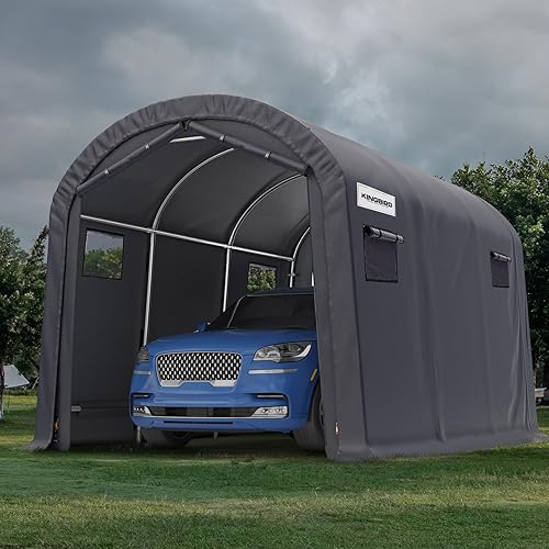 KING BIRD 10' x 15' Heavy Duty Round Style Carport with Roll-up Ventilated Windows Car Tent Carport Tent Outdoor Instant Garage Car Canopy with Reinforced Ground Bars