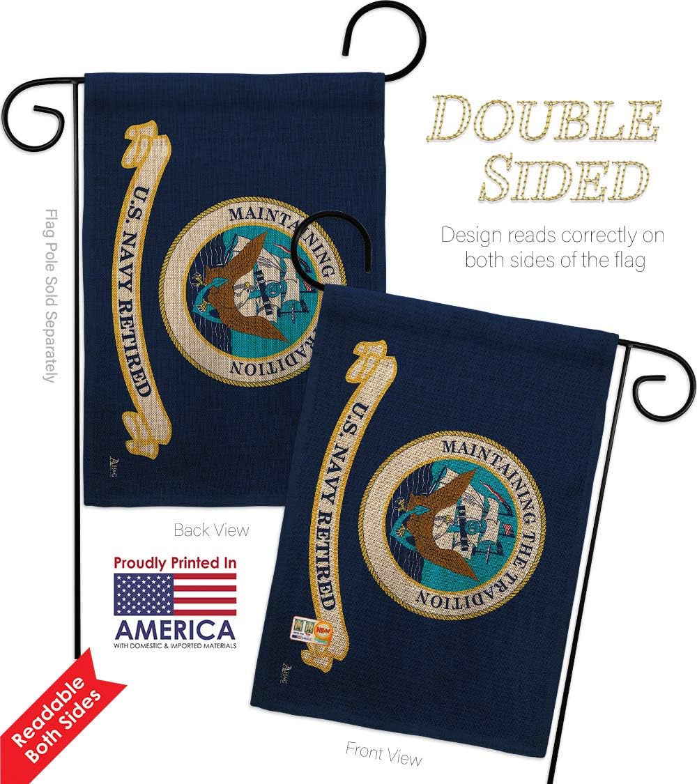 Navy Retired Burlap Garden Flag Armed Forces USN Seabee United State American Military Veteran Retire Official Small Decorative Gift Yard House Banner Double-Sided Made In USA 13 X 18.5