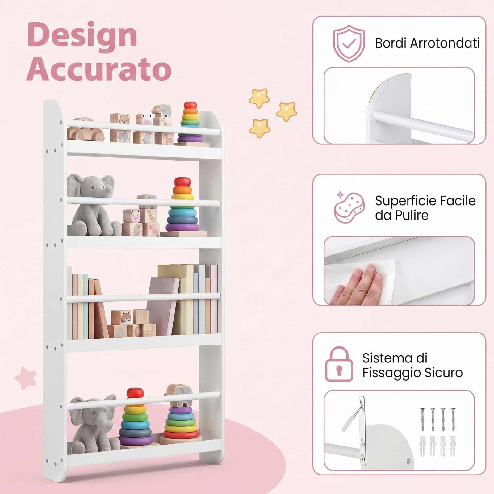 RELAX4LIFE Libreria da Parete per Bambini, Libreria Montessoriana per Bambini con Bordi Rialzati e Barre di Protezione, Scaffale Portaoggetti a 4 Livelli per Cameretta e Asilo Nido (Bianco)