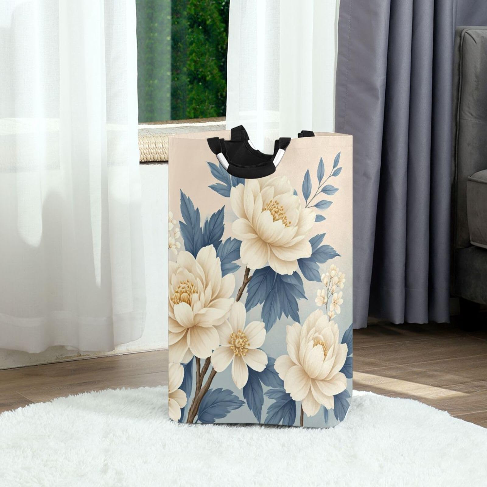 Jihqo Laundry Hamper Basket White Peony Flower Collapsible Nursery Storage Bin Waterproof Clothing Baskets for Home Bedroom Bathroom Washing Room