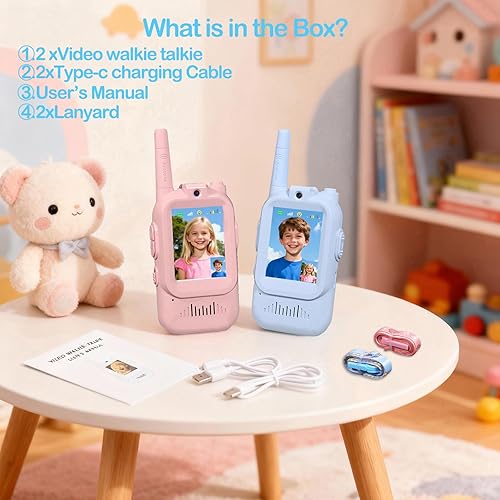 Miniatura 5 de Walkie Talkie de video juguetes para niños, paquete de 2 radios bidireccionales recargables de largo alcance con pantalla, juguetes para juegos