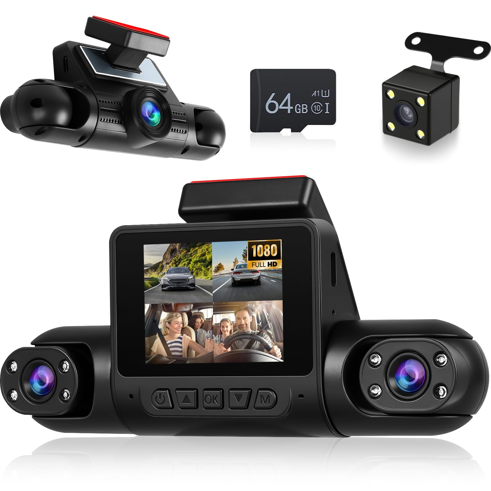 NHOPEEW Dash Cam a 4 canali 1080P – Telecamere anteriori, sinistre, destre e posteriori con grandangolo, display da 2", visione notturna IR, registrazione in loop, rilevamento del movimento