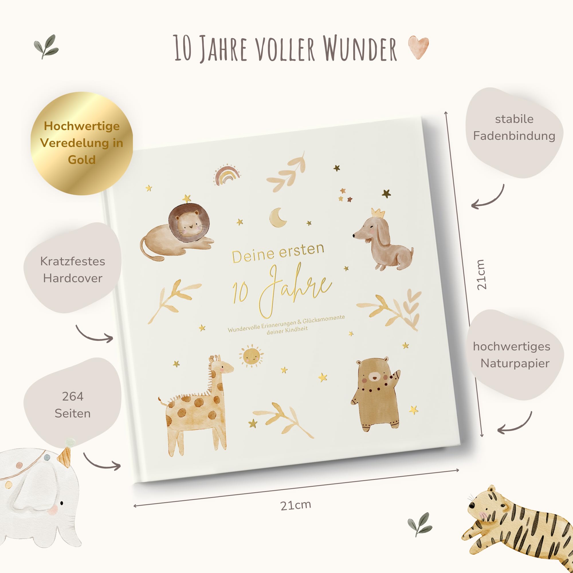 MeinBaby123® Kinderalbum Deine ersten 10 Jahre hochwertig vergoldet, Erinnerungsalbum, Geschenk zur Geburt, Fotoalbum Kinder, Tagebuch Kinder, Album Erinnerungsbuch, Geschenk Kind