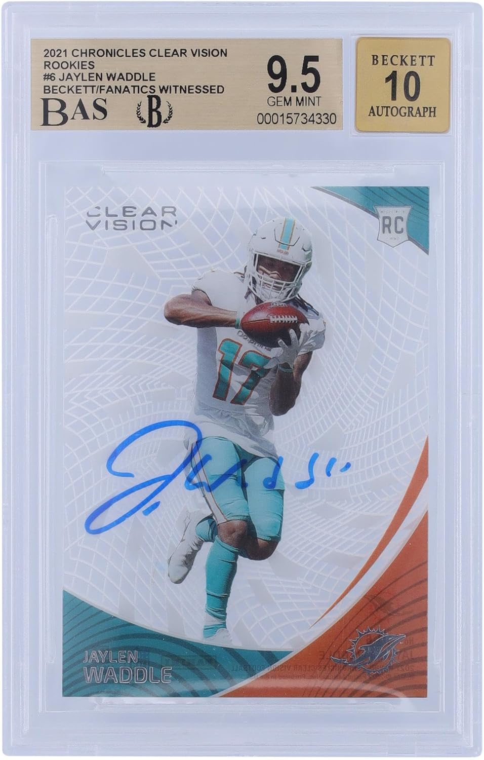Jaylen Waddle Miami Dolphins Autographed 2021 Panini Clear Vision Rookies #CVR-6 Beckett Fanatics Witnessed Authenticated 9.5/10 Rookie Card - Football Slabbed Autographed Rookie Cards