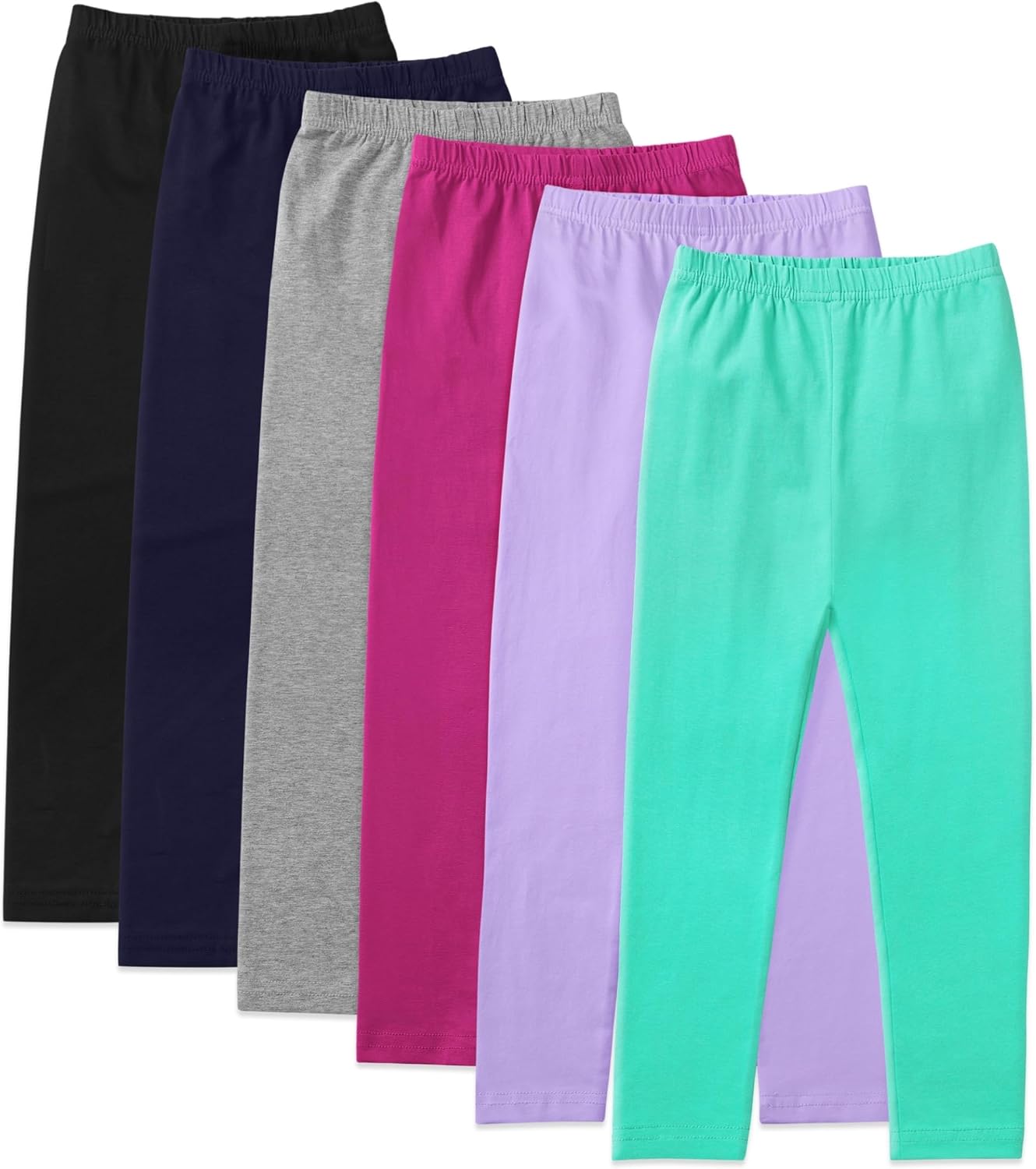 6 Pack Girls Leggings Soft Cotton Stretchy Pull-On Pants, 4-14Y | Soft Cotton with Stretch Full-length with Elastic Waistband for School, Dance, Park, Sports,Layering & Easy Care