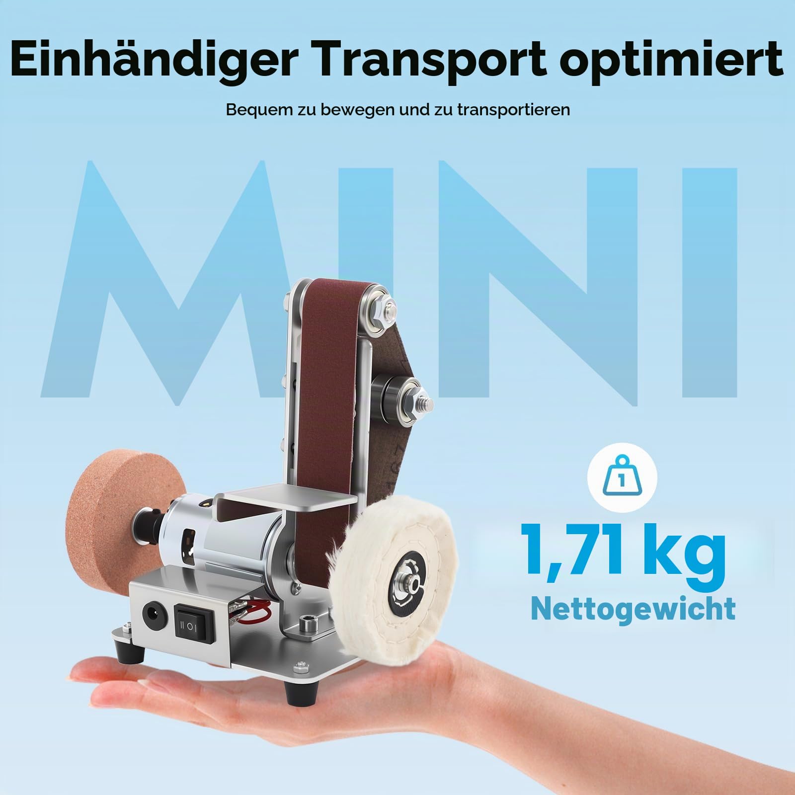 Mini-Bandschleifmaschine, 7-Stufig Verstellbarer, 4000–9000 U/min Vollkupfermotor, vorwärts/rückwärts laufend, Multifunktionale DIY Tisch Polierschleifmaschine für Holz und Metallbearbeitung
