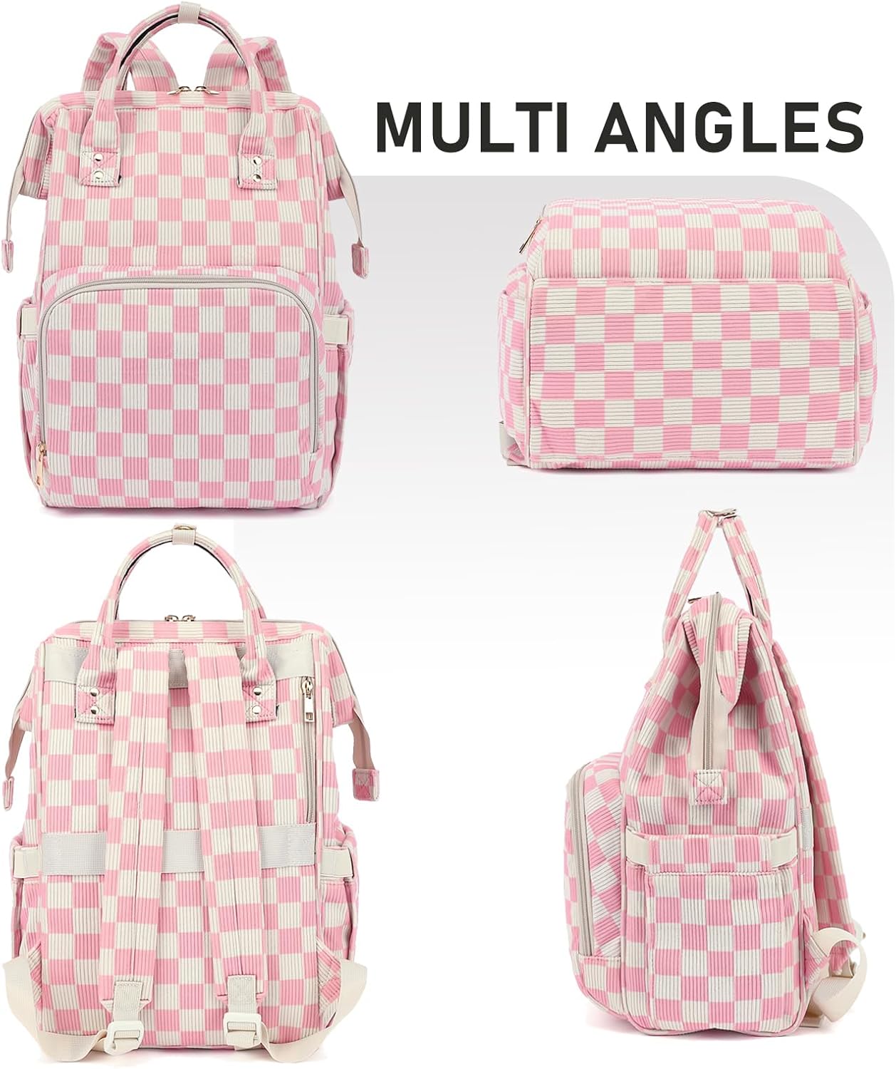 Laptop Backpack for Women, Corduroy College School Backpack Bookbag 15.6 inch Business Computer Travel Backpack (Checkered Pink) - Image 7