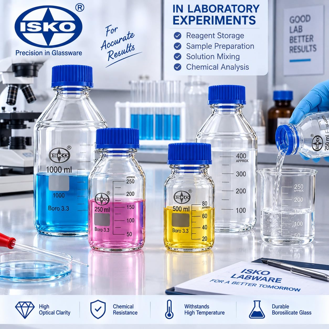 ブルーラベルの空瓶 ISKO® |Borosilicate glass Reagent Bottle | With leak proof Blue