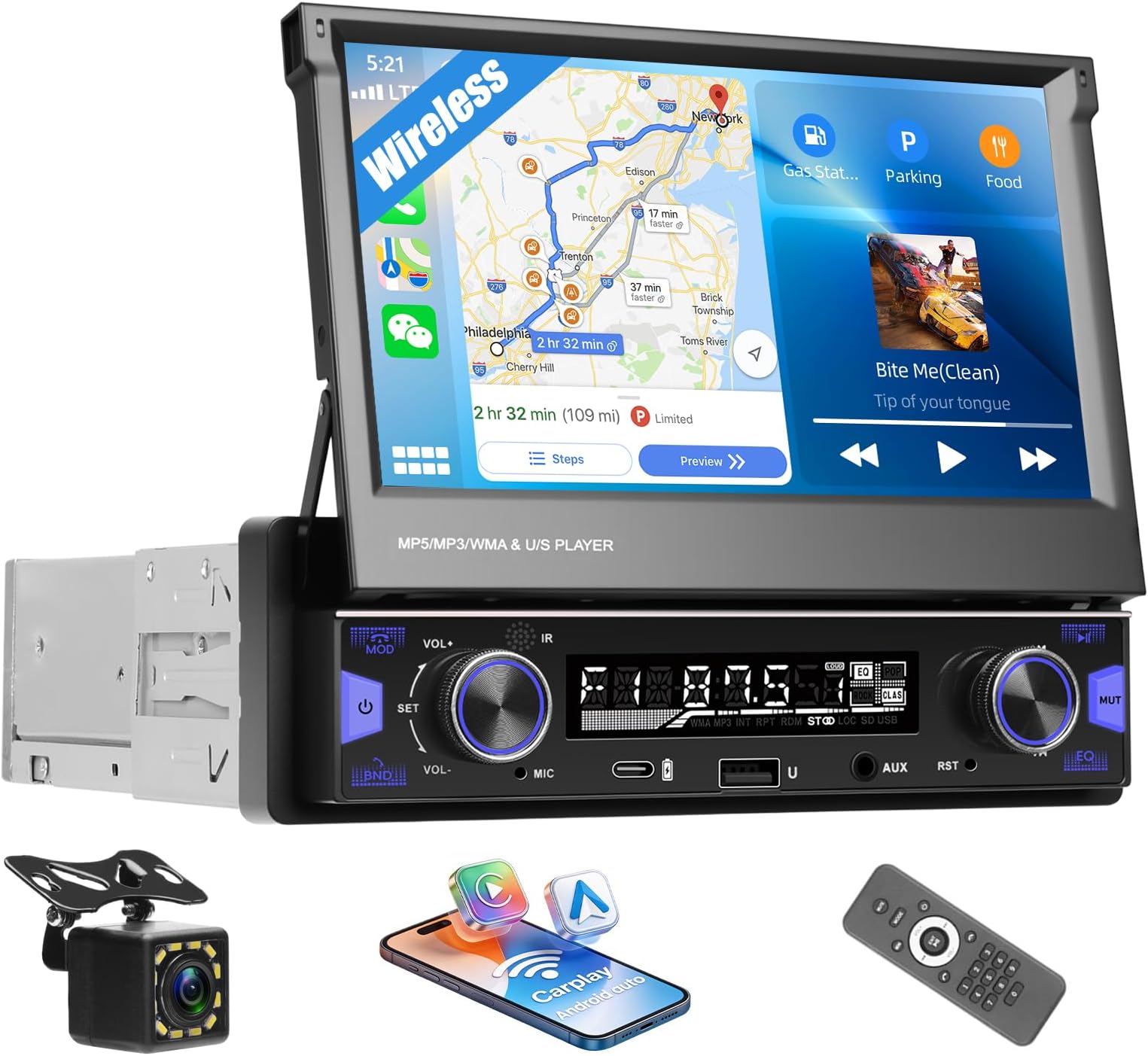 SIXTOP Single Din Touchscreen Car Radio with Wireless CarPlay Android Auto, 7 Inch Flip Out Car Stereo, Bluetooth/FM/AM Radio, Type-C Fast Charging/USB/AUX Input,Mirror Link,EQ,SWC+ Backup Camera