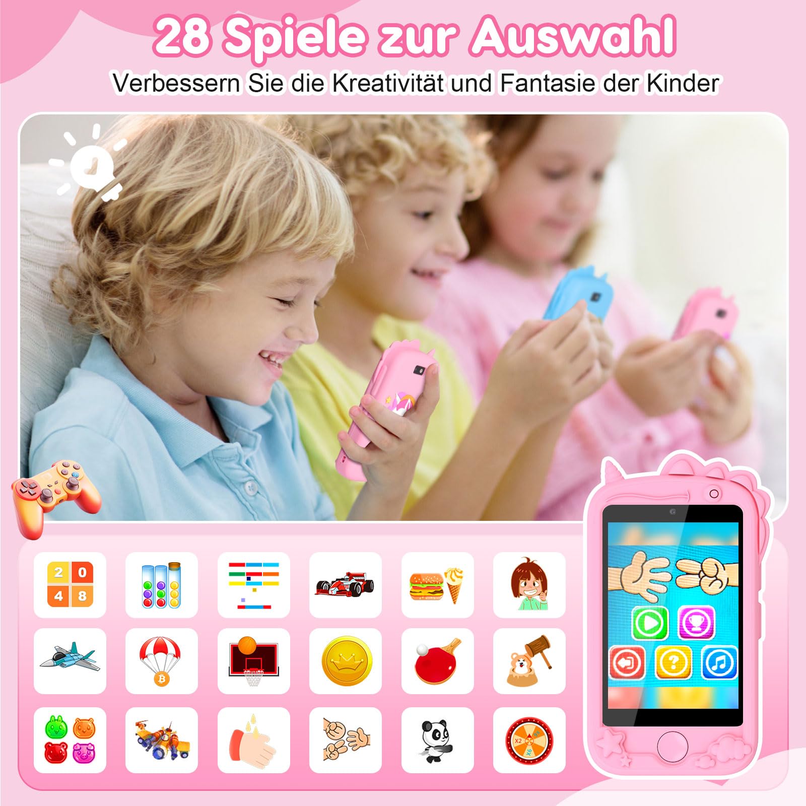 Kinder Handy, Kinder Kamera, Kinder Smartphone, Kinderhandy Spielzeug Mit Telefonkarte, Mit 28 Spiele Anruf SOS Kamera Musik Wecker. Einhorn-Geschenkspielzeug 3-9 Jahre Geschenke (Rosa)
