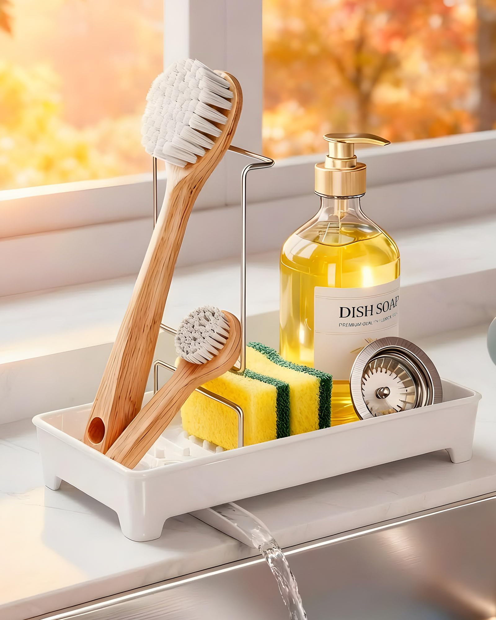 Minimalist Sink Caddy Rustproof Sponge Holder for Kitchen Sink with 304 Stainless-Steel Brush Holder Countertop Rack Organizer with