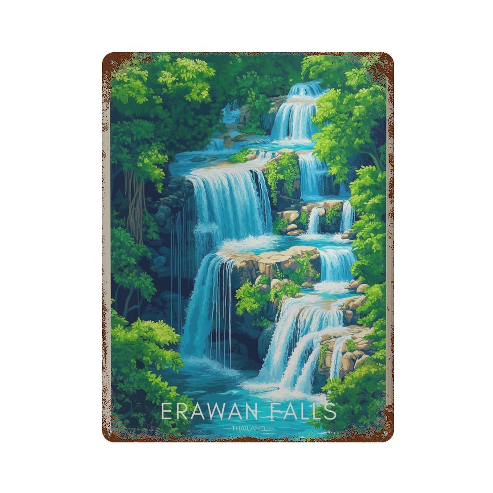 xiaoxiaoshen Erawan Waterfalls Thailand Travel Southeast Asia Wall Decor Art Metal Tin Poster Modern Home Decor Art Home Bar Shop Decorations Vintage Sign 40x30cm