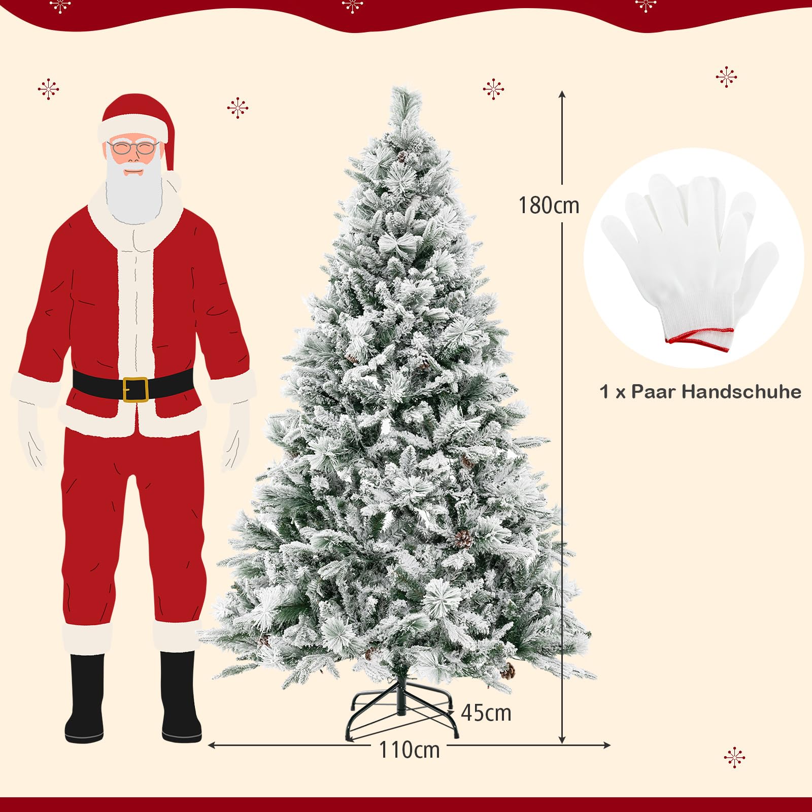 COSTWAY Kunstkerstboom 180 cm met Sneeuw – Denenboom met Metalen Standaard, PVC-Naalden, Klapsysteem, Kunstboom voor Thuis, Kantoor, Winkel en Hotel – Wit