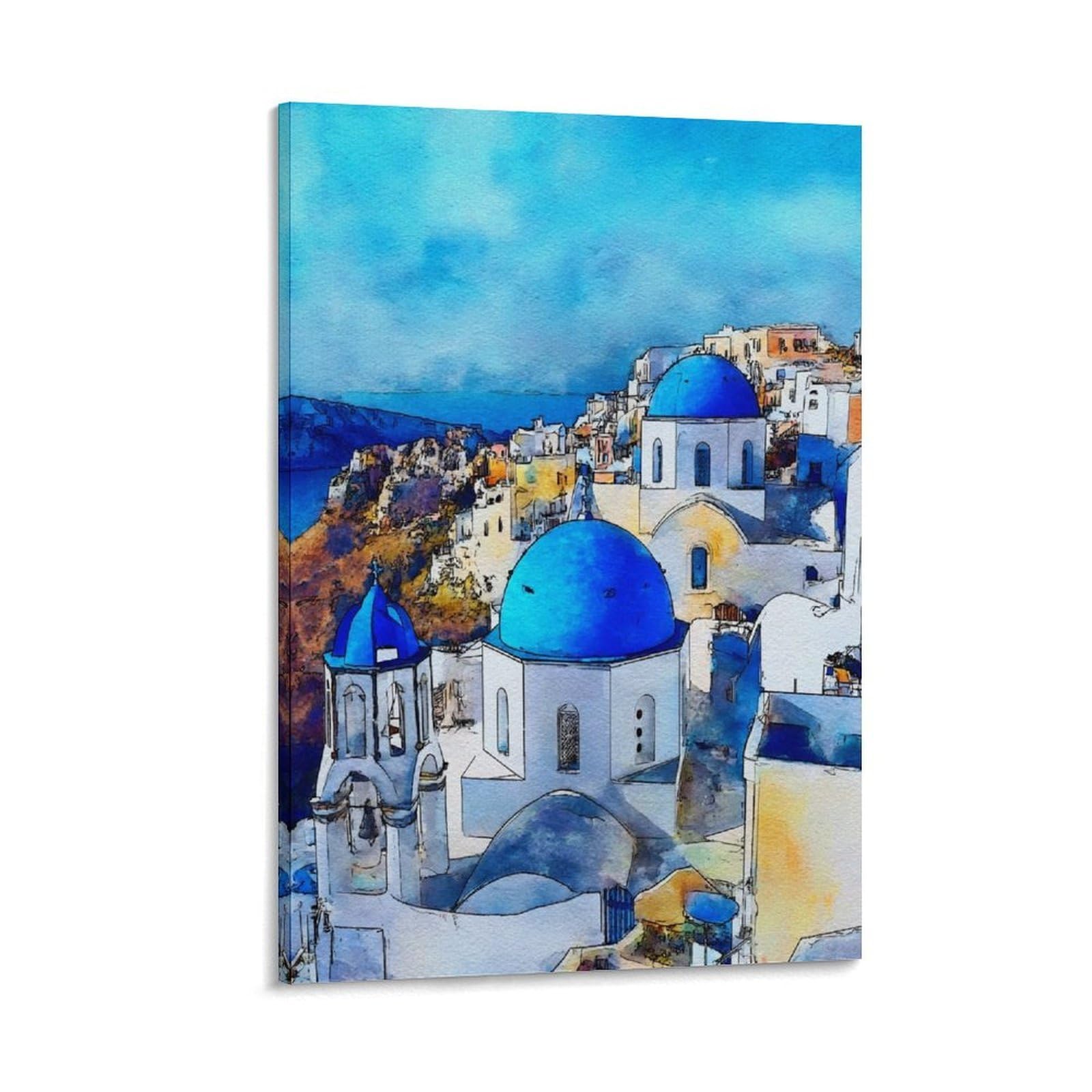 Lcynnh Frame-Style Santorini 20X30inch(50X75cm) Vintage Travel Poster Watercolor Canvas Art