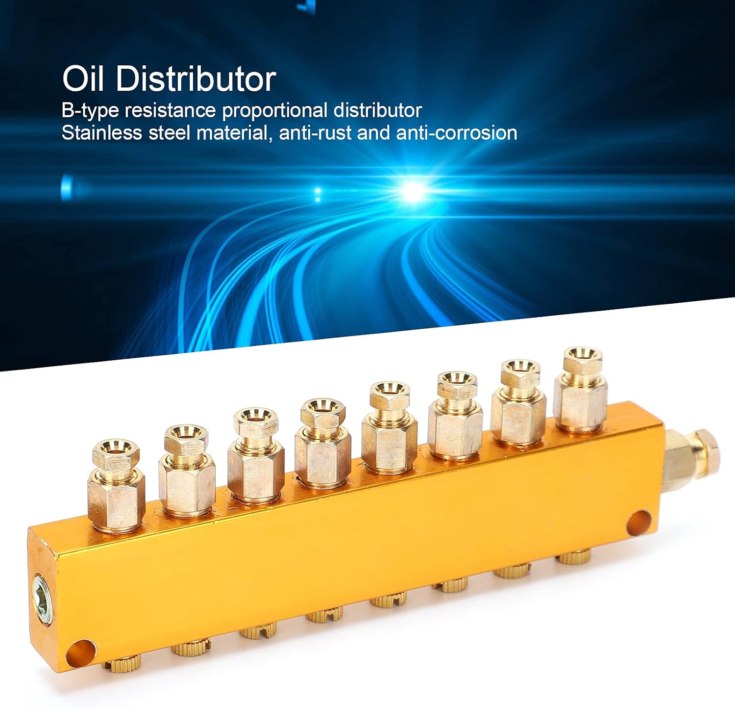 Brass Oil Distributor, Adjustable 1 Inlet 8 Outlet Stainless Steel Lubrication Piston Separator with Manifold Block for Mechanical Equipment Lubrication Systems