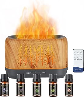 WJNB Essential Oil Diffusers with 5 Essential Oils Set, Aromatherapy Diffuser Cool Mist with Flame Light 3 Mist Mode &4 Timer Waterless Auto-Off Diffusers for Essential Oils Large Room(Wood)