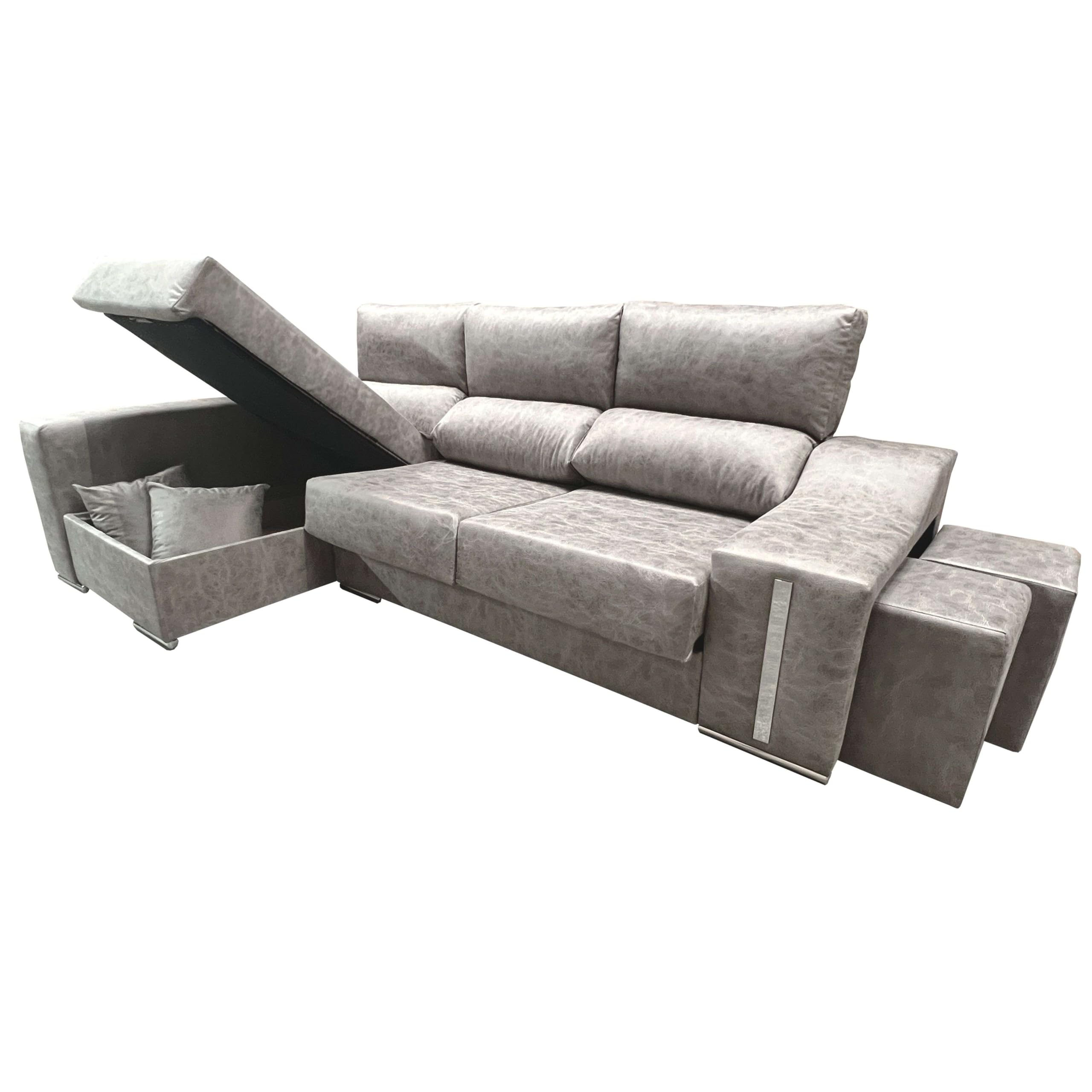 Miroytengo Sofá Chaise Longue Oscar Izquierda 3 Plazas, Arcón, 2 Puffs, Asientos Extensibles Gris Cemento 263 cm
