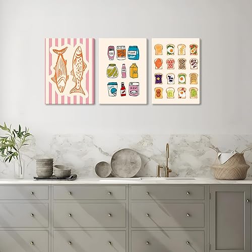 Miniatura 9 de Juego de 3 pinturas artísticas de pared de cocina divertidas, con diseño de aguacate y tostadas de aguacate, cuadro vintage de acuarela de sardinas