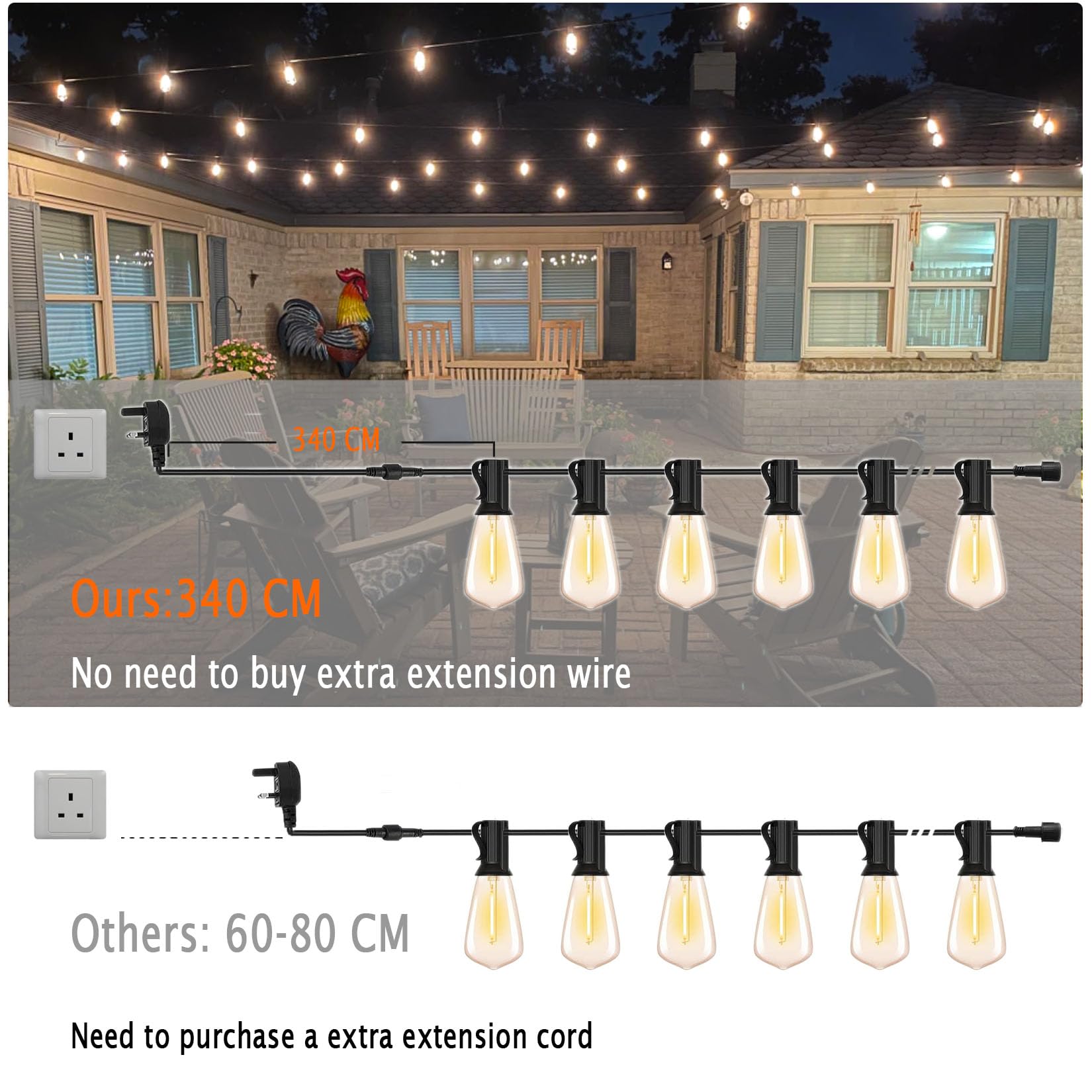 Skeerei 30M Festoon Lights Outdoor Mains Powered Led Garden Lights String with Vintage 52pcs 2700K Warm White for Pegola Patio - Image 4