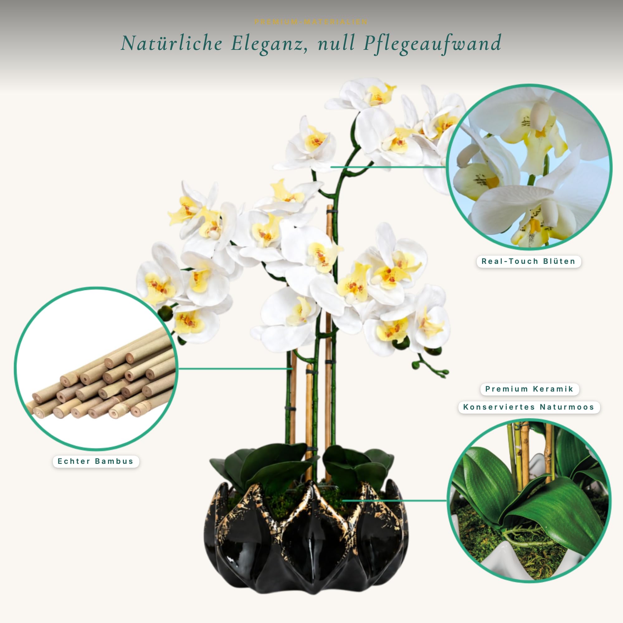 Orquídeas artificiales de 70 cm – Orquídea artificial Phalaenopsis hecha a mano en maceta de cerámica negra y dorada con bambú auténtico, sin mantenimiento – Decoración (negro y dorado)
