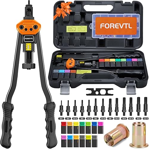 Kit de herramienta de tuerca de remache FOREVTL, kit de herramienta de remache de 40.6 cm con 13 mandriles métricos y SAE, herramienta manual