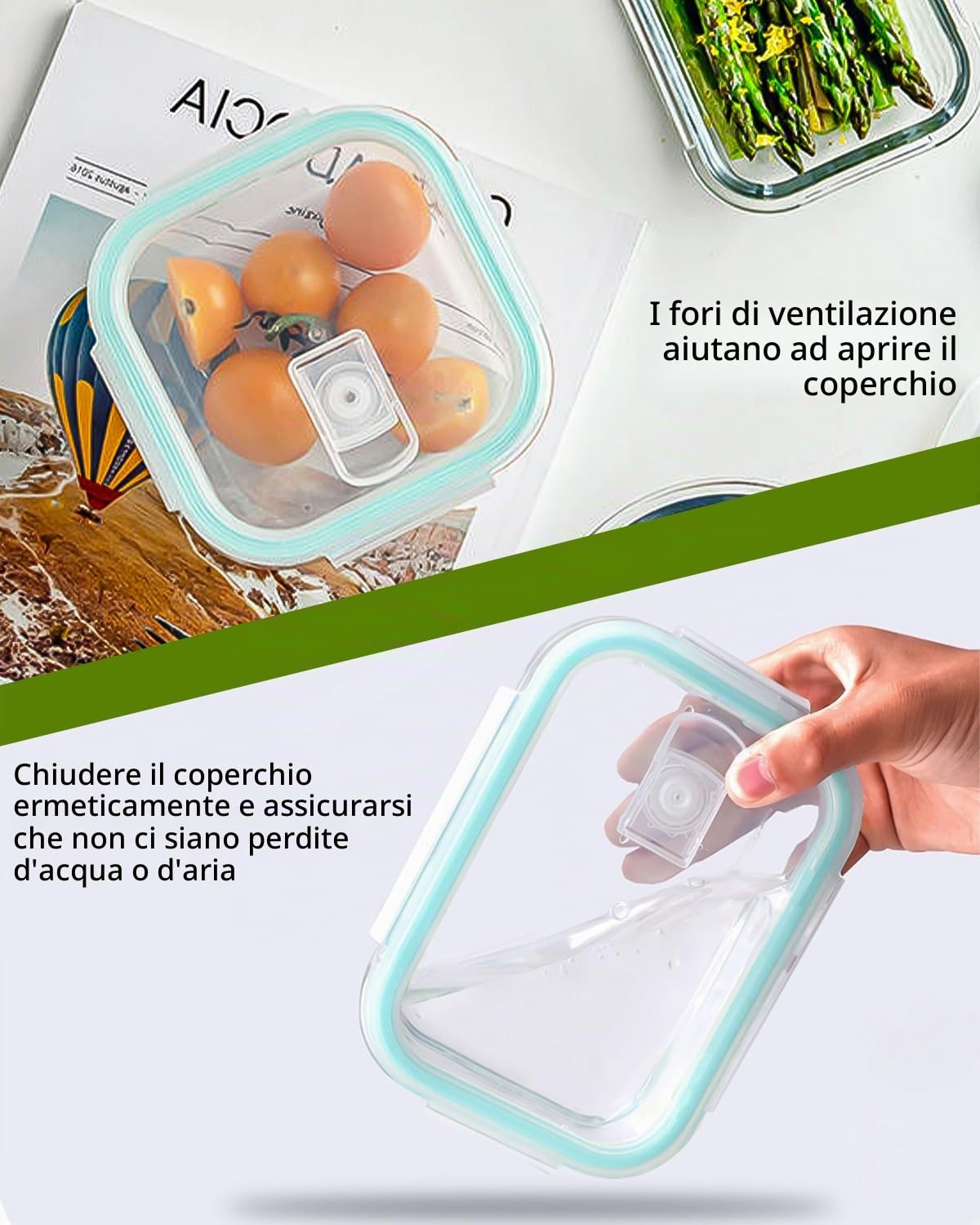 heuchaey Set per conservazione degli alimenti, contenitori vetro,a prova di liquidi,con valvola di sfiato, coperchio trasparente, per microonde,frigorifero,lavastoviglie,materiale per uso alimentare