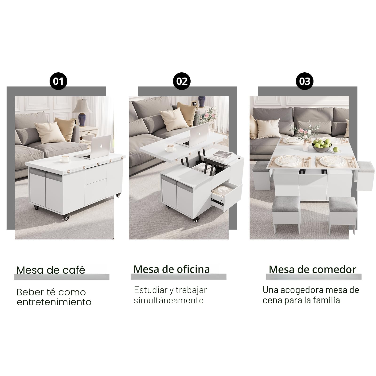 VOWNER Mesa de Centro Elevable, 4 en 1 Mesa de Salón Multifuncional, Mesa de Centro Convertible en Mesa de Comedor de Salón, 108L x 105P x 68H cm, con 4 Taburetes, (Blanco)