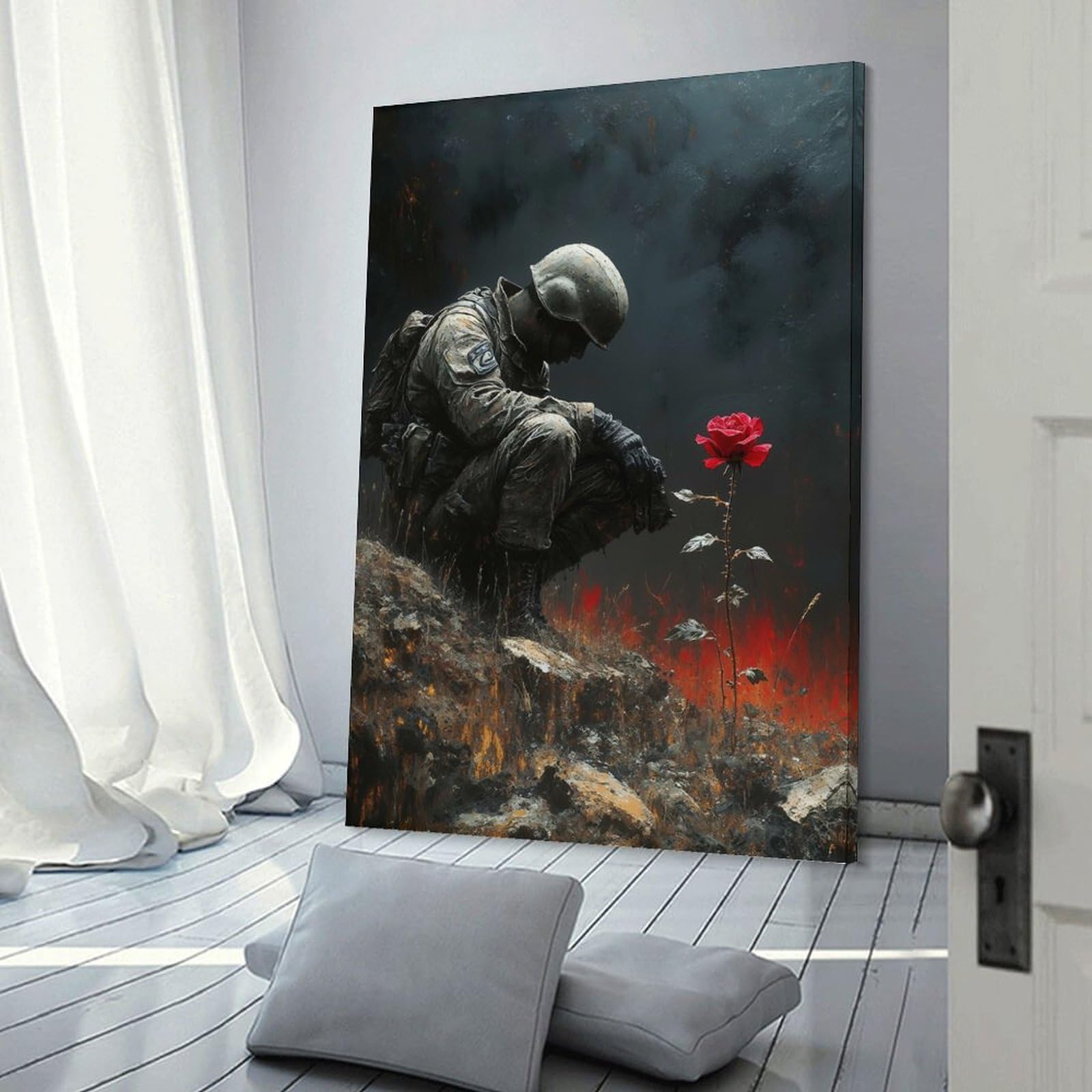 Junmoney Frame-Style-21 Soldier And Rose In War Landscape Canvas Wall Picture, 24X36inch(60X90cm), For Study, Office Or Focused Interiors, Home Office Artwork With Decorative Appeal
