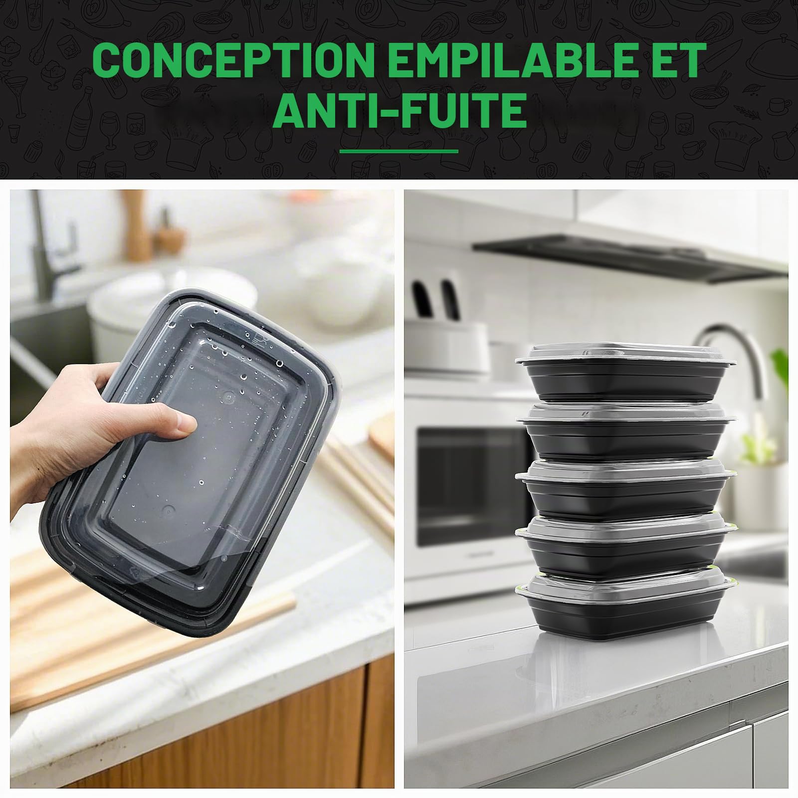 WUHUIXOZ Lot de 50 boîtes à repas de 946 ml avec couvercles, boîtes à bento jetables en plastique réutilisables, sans BPA, passent au micro-ondes, au lave-vaisselle et au congélateur