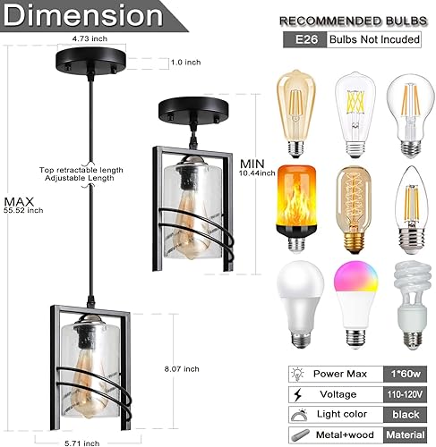Miniatura 7 de Laihezz Paquete de 1 lámpara colgante industrial, moderna lámpara colgante de metal, color negro, soplado a mano, pantalla de vidrio transparente