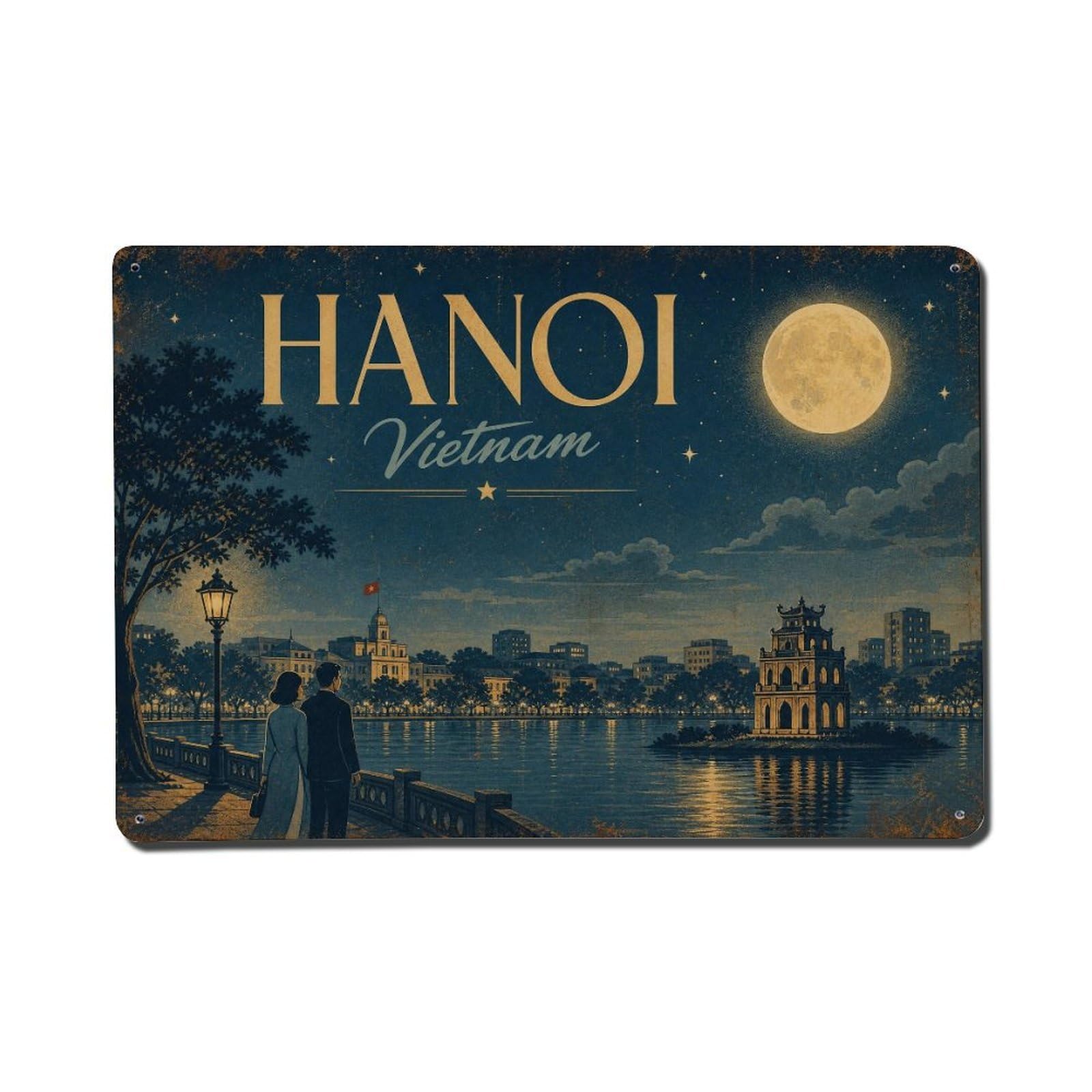 Hanoi Vietnam Moonlit Lake Cityscape Heritage Travel Metal Tin Sign