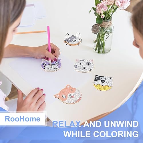 Miniatura 10 de Juego de 8 posavasos de pintura de diamantes de globos oculares de Halloween, coloridos posavasos de arte de diamante con soporte, posavasos de