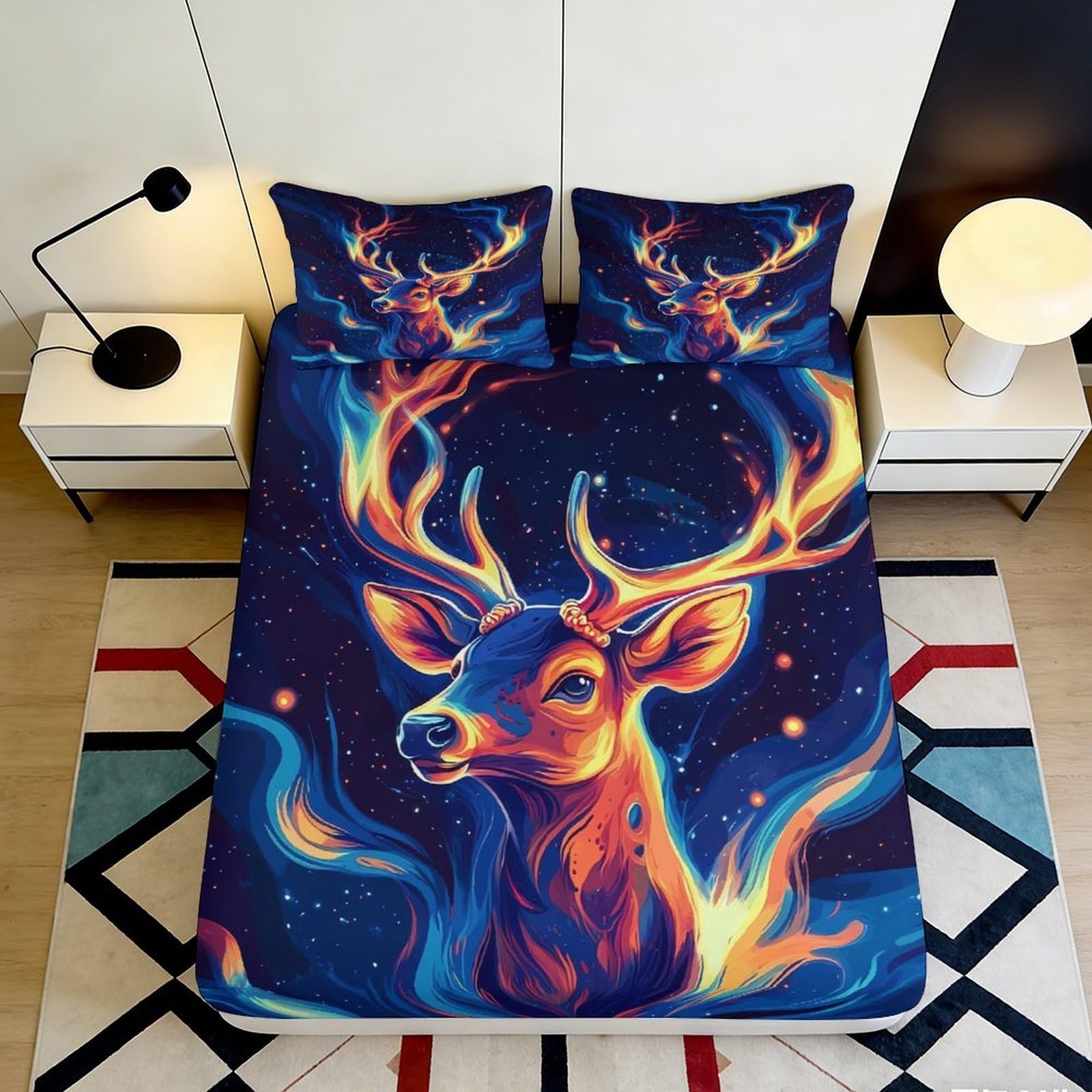 Kzqnxhjprl Style-9 3D Printed Fiery Deer Fitted Sheet Microfiber Soft Bed Cover Blue Orange Animal Art For Bedroom Guest Room Decor 90X200x25cm