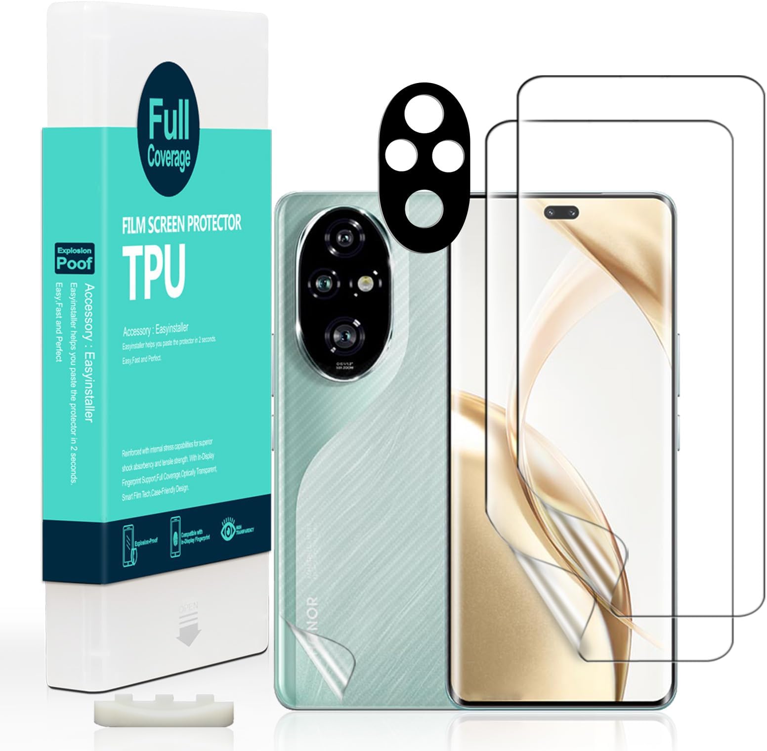 Screen Protector For Honor 200 Pro 5G 6.78",with 2Pcs Flexible TPU Film,1Pc Camera Lens Protector,1Pc Backing Carbon Fiber Film [Fingerprint Reader,Easy to install]