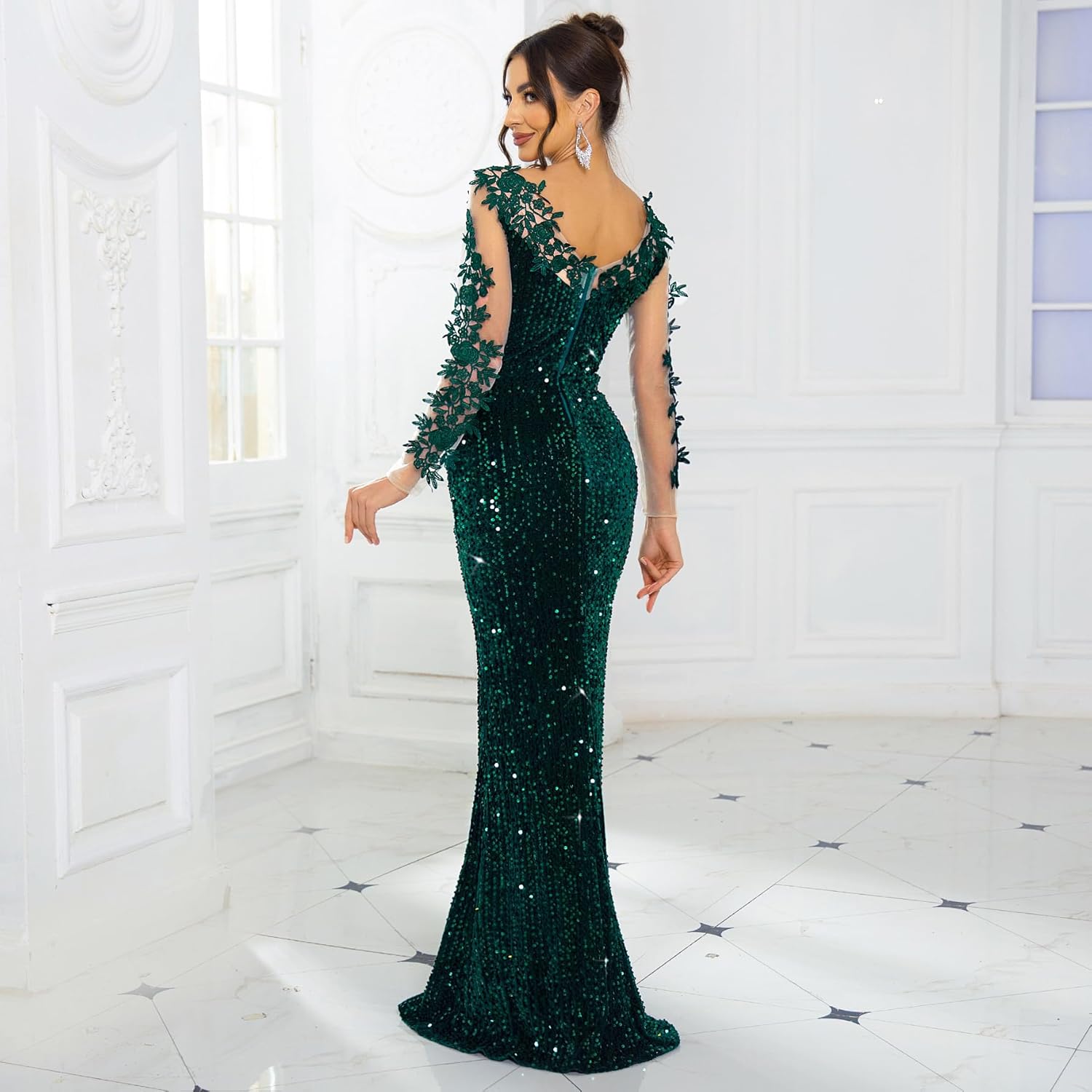 Women's Velvet Sequin Dress Long Sleeve Lace Floral Cocktail Party Evening Gown - Image 6