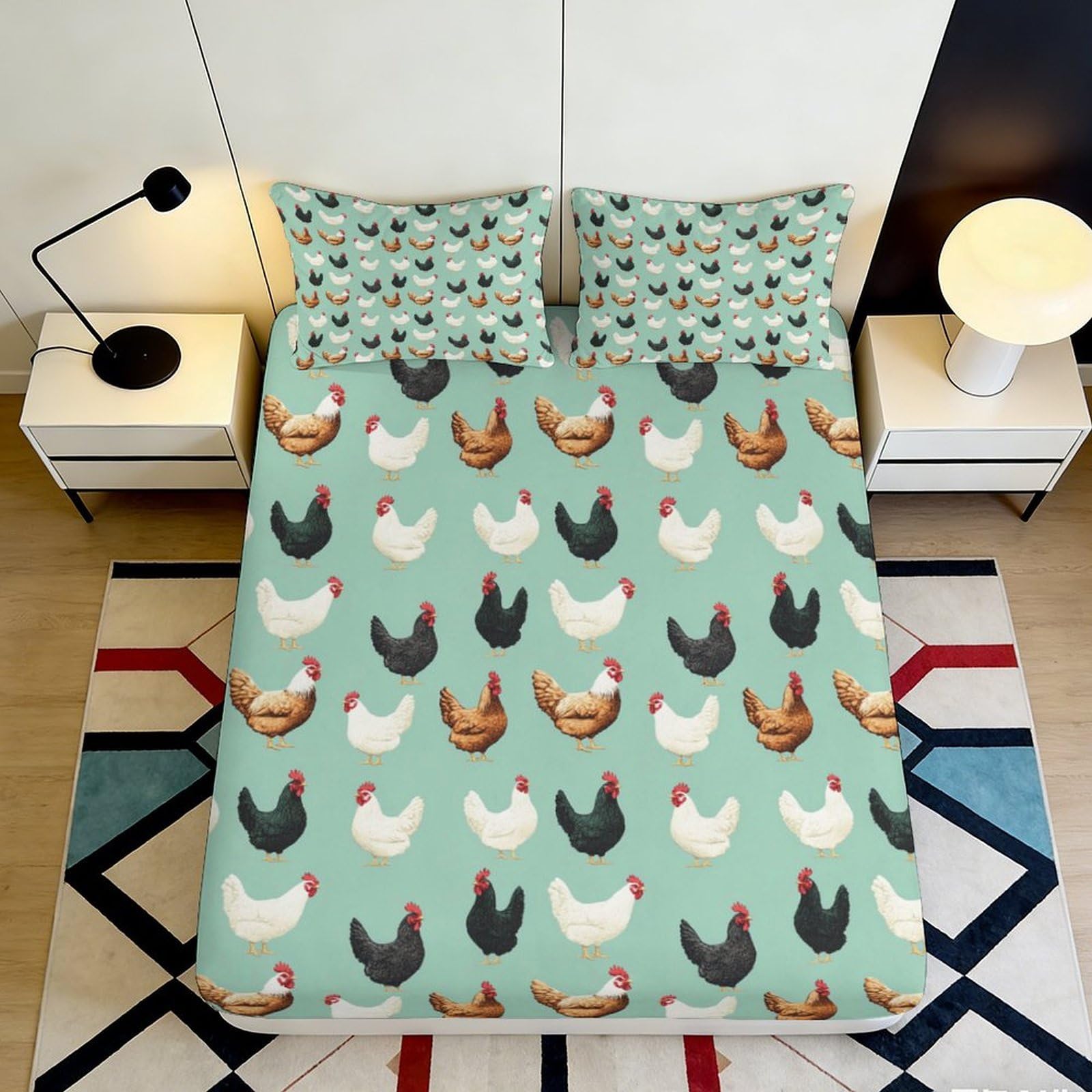 3D Printed Chicken Pattern Fitted Sheet Microfiber Soft Breathable Hen Design Mattress Cover for Bedroom Dorm Decor 90x200x25cm