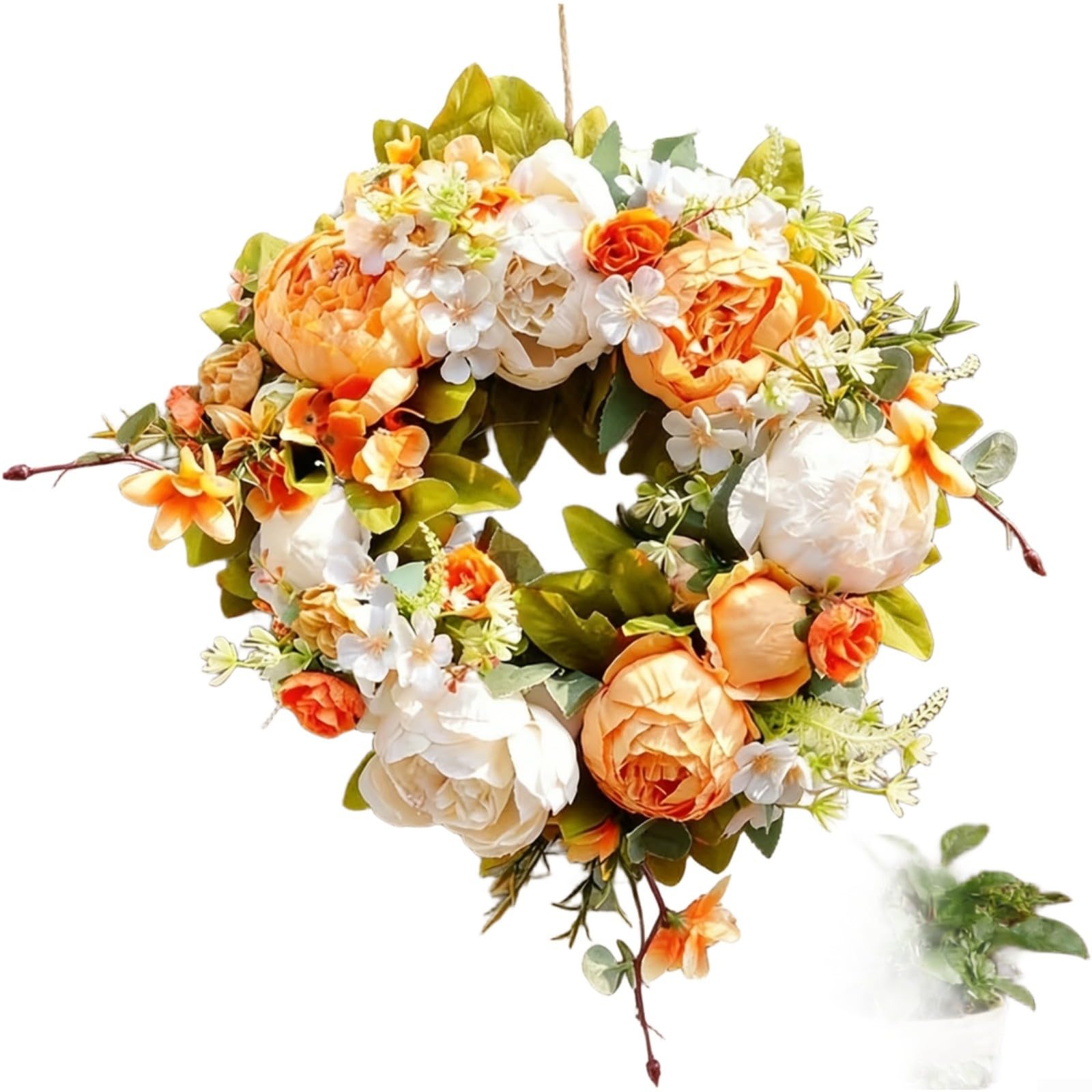 Couronne de fleurs de pivoine orange 40 cm en soie pour deco de mariage