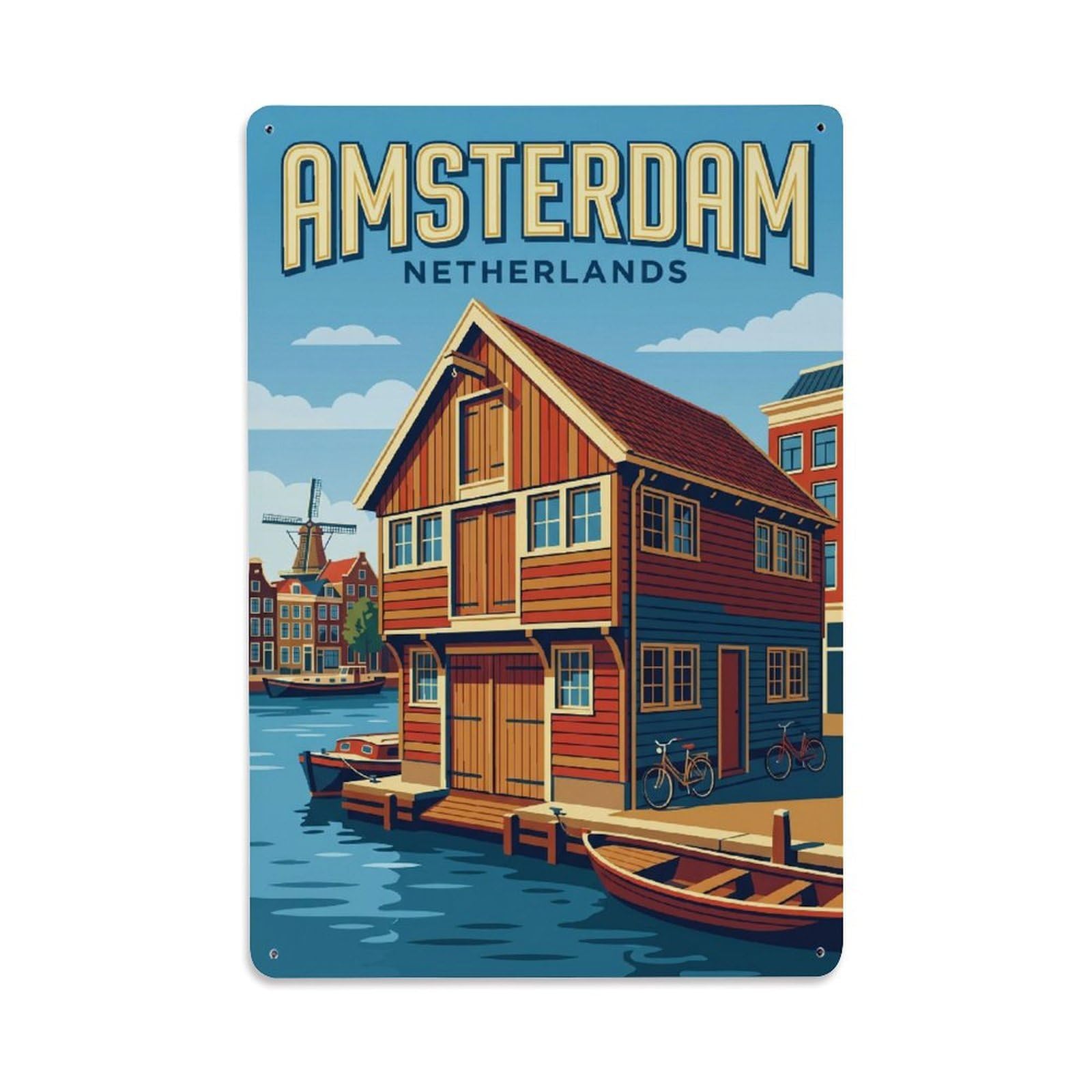 Amsterdam Boathouse Waterway Classic Tourism Canal Metal Tin Sign Plaque Wall Decor for Cafe, Man Cave, Club Bar, Office, Home Garden Round Metal Poster 8x12Inch