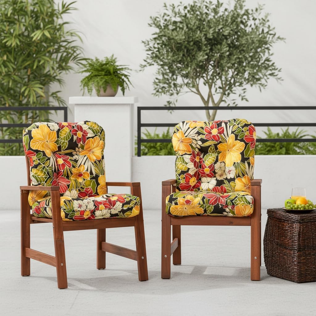 Tufted Outdoor Chair Cushions – Hinged One-Piece Design, Reversible Patio Seat & Back Cushion with Ties, Durable Polyester Fabric, Recycled Polyfiber Fill, Set of 2, Aloha Black Floral