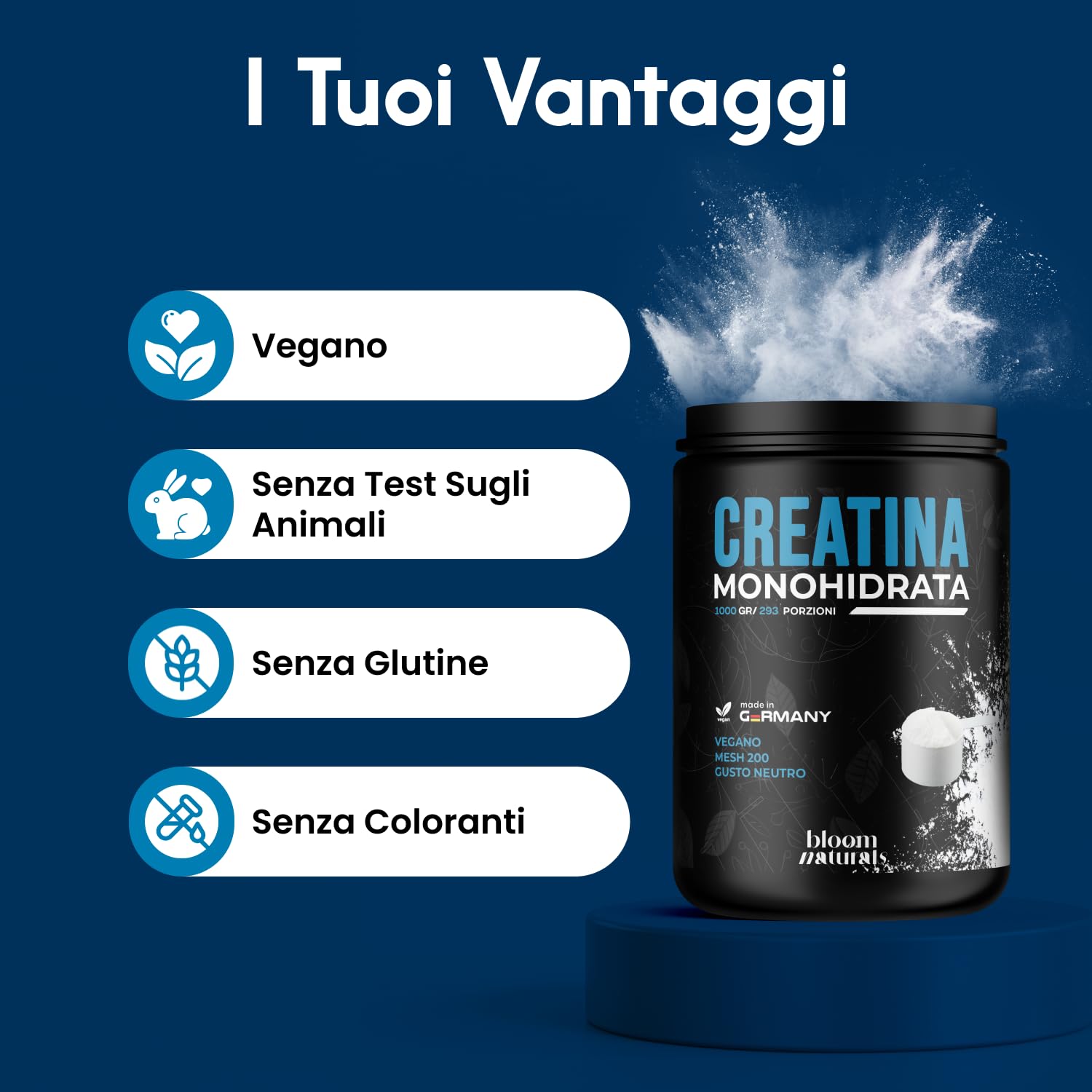 Creatina Monoidrata in Polvere 1000g – 293 Porzioni – Gusto Neutro, Mesh 200 – Vegana, Prodotta in Germania - Creatina Monoidrato Polvere - Creatine Monohydrate Pure - Testato in Laboratorio